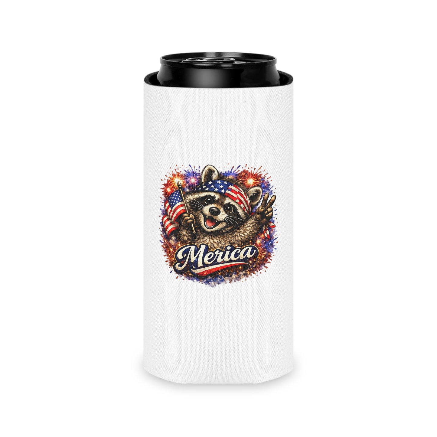 Patriotic Raccoon 250 Can Cooler – USA Flag, 4th of July Drink Koozie