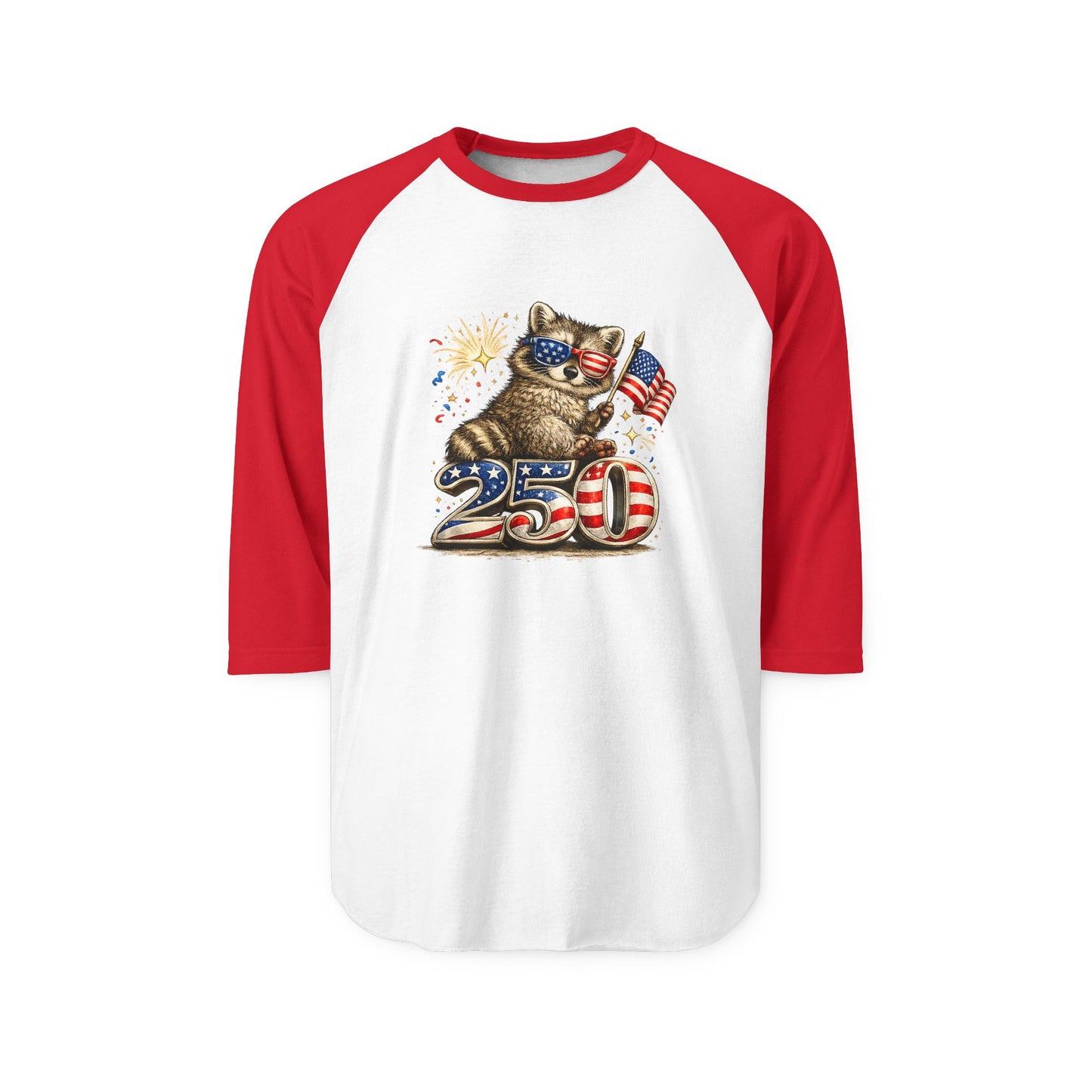 Patriotic Raccoon 250 Raglan Shirt — Fourth of July Fireworks Tee
