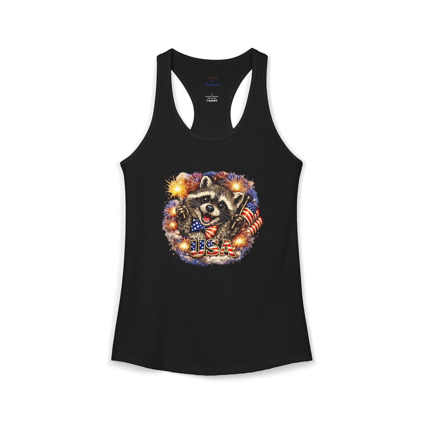 Patriotic Raccoon 4th of July Tank — Raccoon on 250 with Flag & Fireworks Racerback Tank