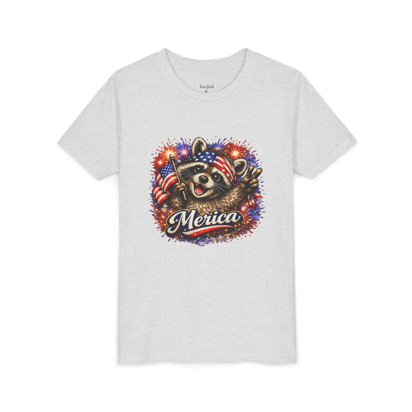 Patriotic Raccoon Youth Tee — Raccoon with American Flag & Fireworks