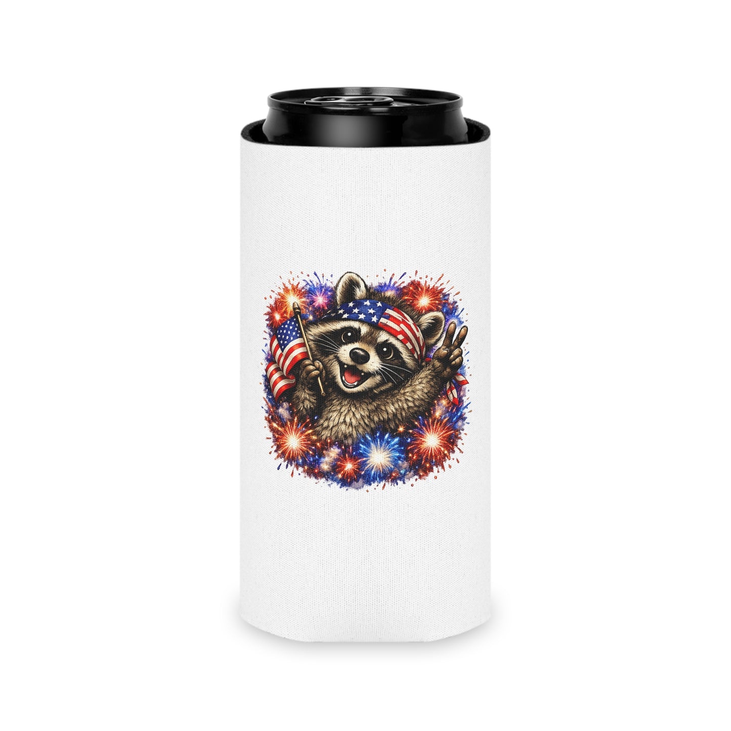 Patriotic Raccoon 250 Can Cooler – USA Flag, 4th of July Drink Koozie