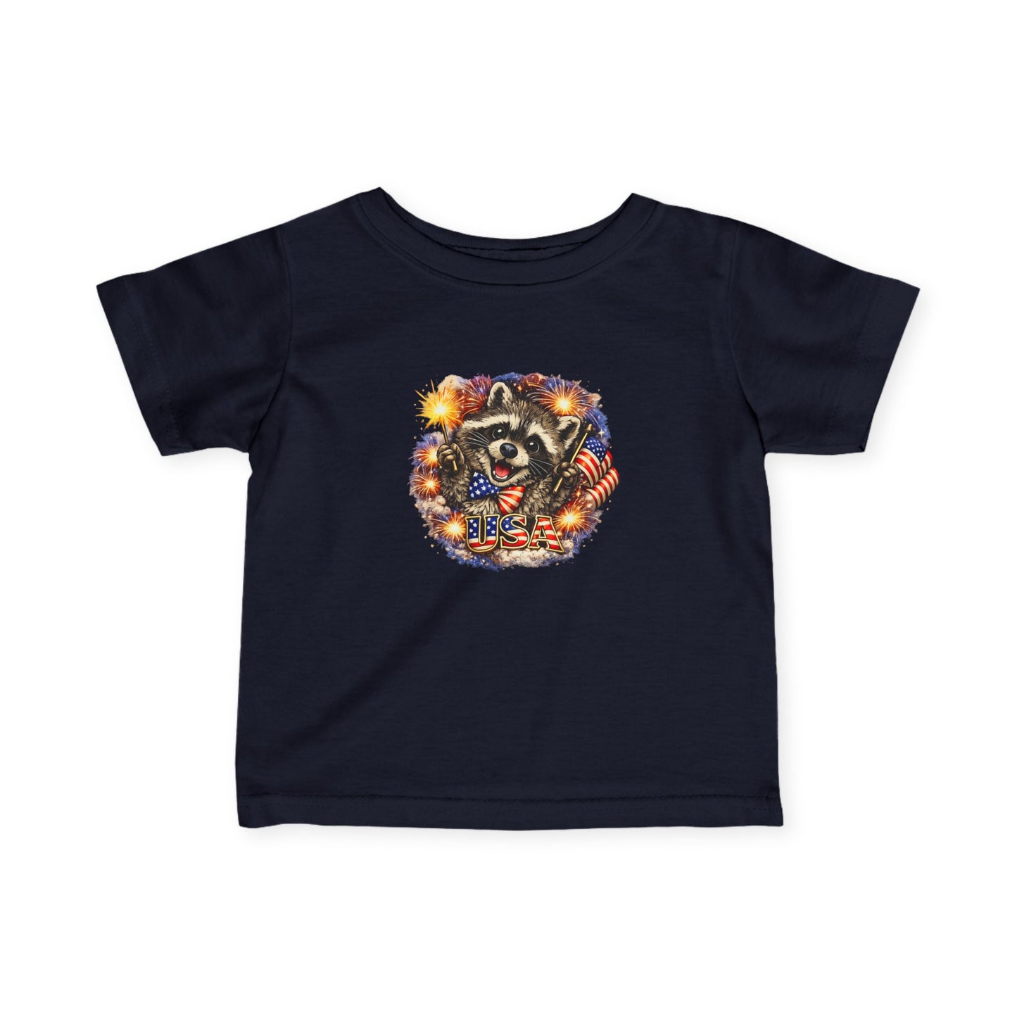 Infant Tee — Adorable Raccoon Holding American Flag "250" — 4th of July Baby Shirt