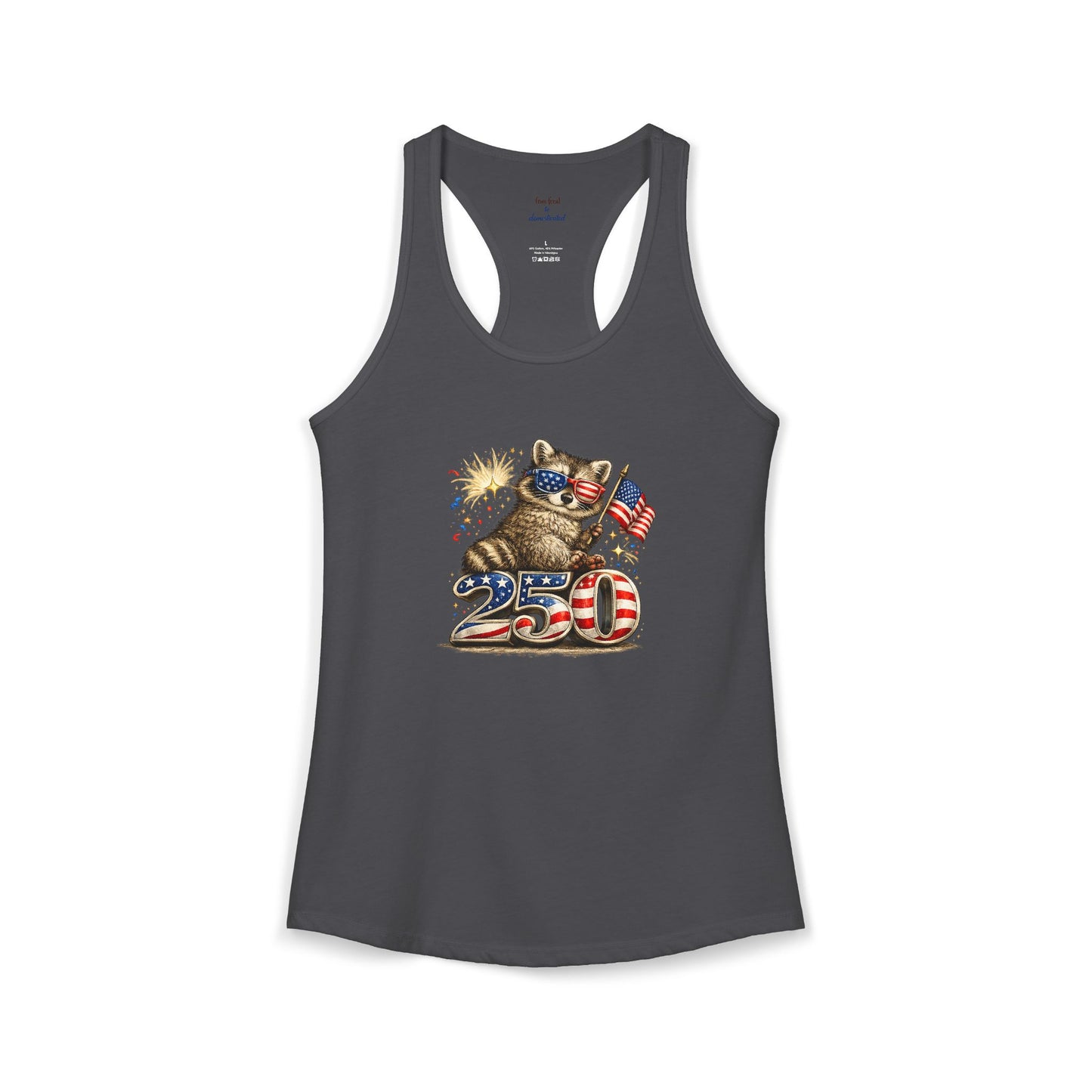 Patriotic Raccoon 4th of July Tank — Raccoon on 250 with Flag & Fireworks Racerback Tank