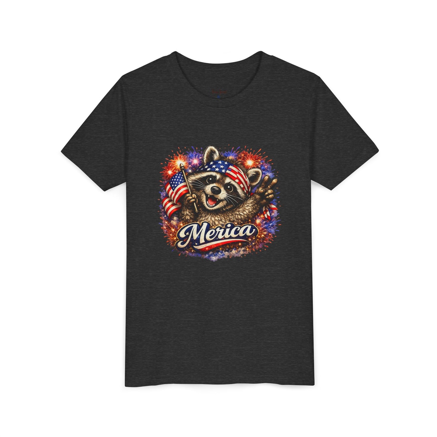 Patriotic Raccoon Youth Tee — Raccoon with American Flag & Fireworks