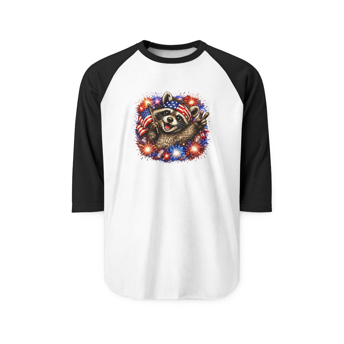 Patriotic Raccoon 250 Raglan Shirt — Fourth of July Fireworks Tee