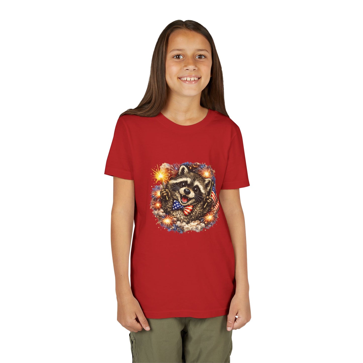 Patriotic Raccoon Youth Tee — Raccoon with American Flag & Fireworks