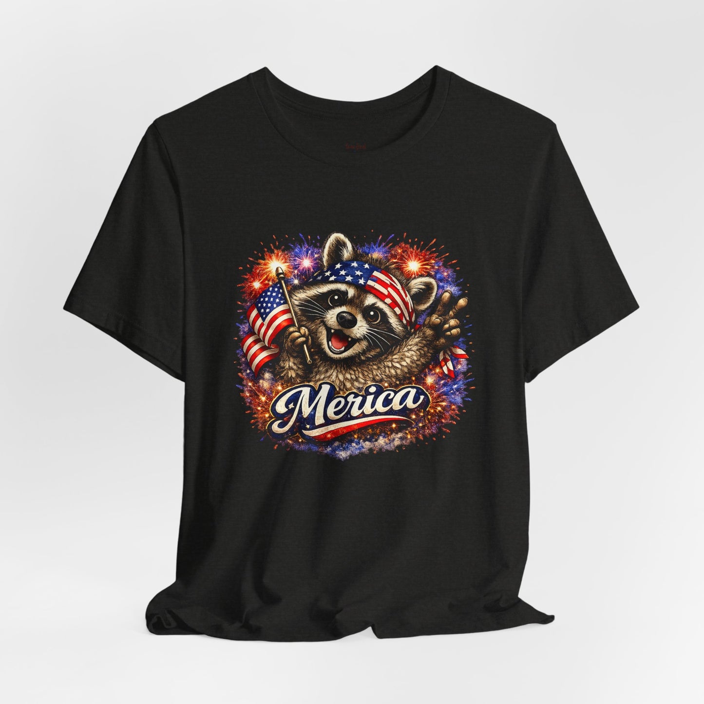 Patriot Raccoon 250th Anniversary T-Shirt — 4th of July Fireworks Flag Tee