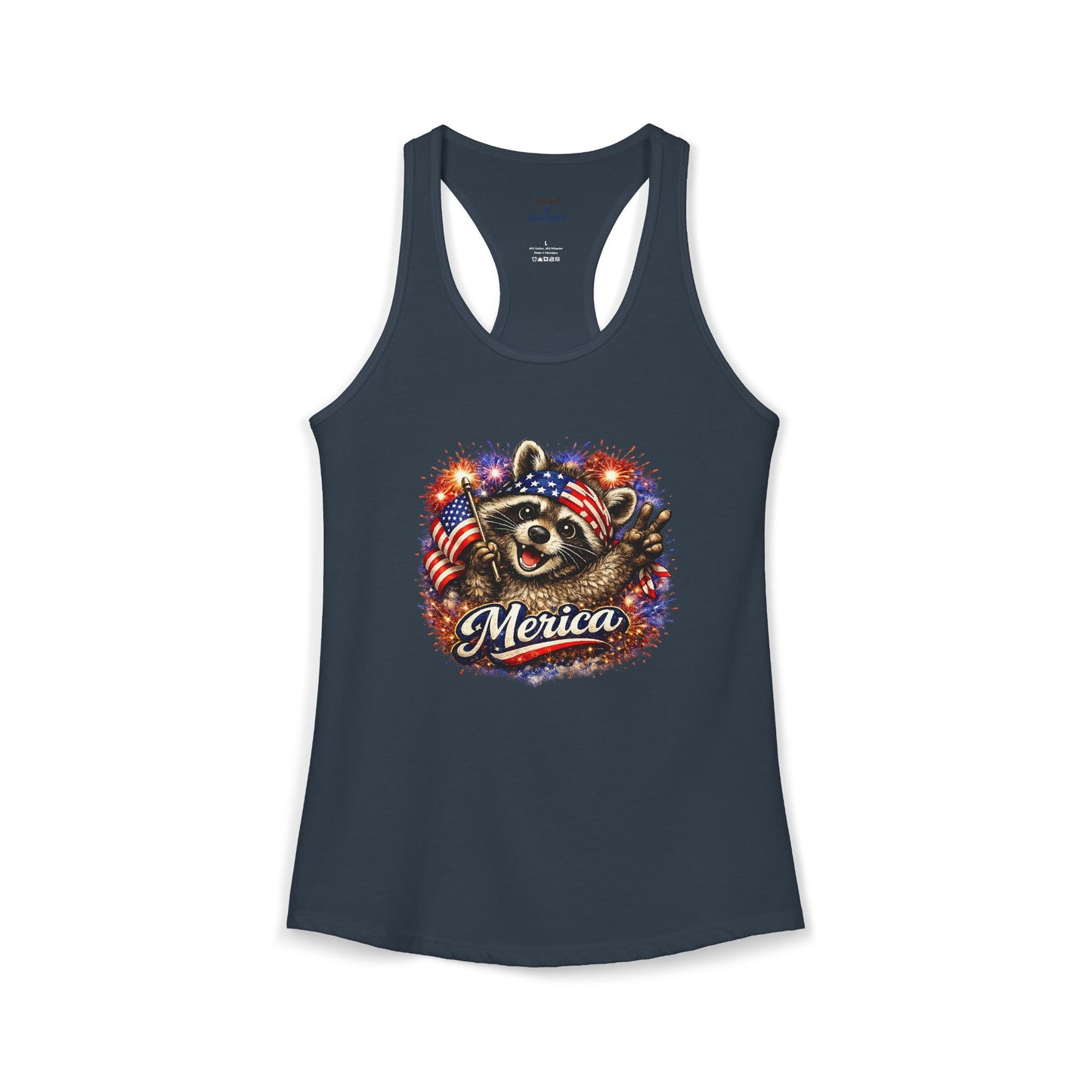 Patriotic Raccoon 4th of July Tank — Raccoon on 250 with Flag & Fireworks Racerback Tank
