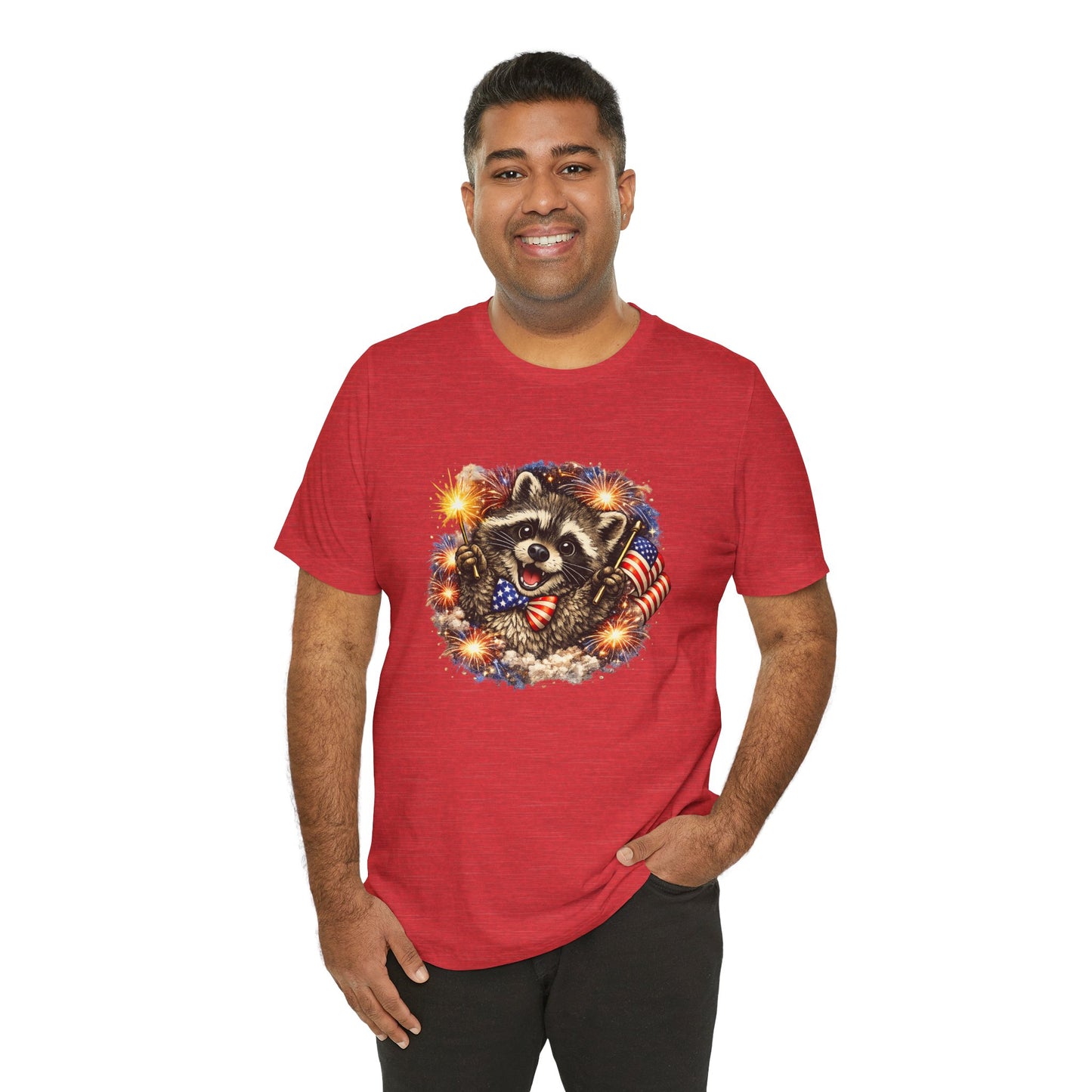 Patriot Raccoon 250th Anniversary T-Shirt — 4th of July Fireworks Flag Tee