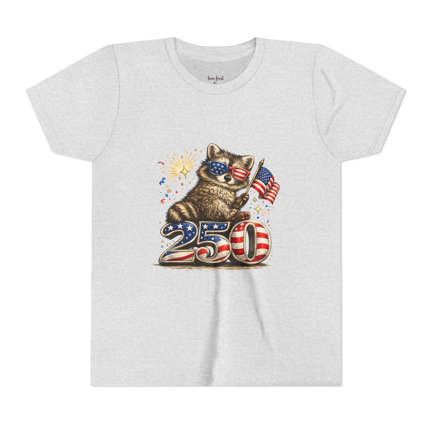 Patriotic Raccoon Youth Tee — Raccoon with American Flag & Fireworks