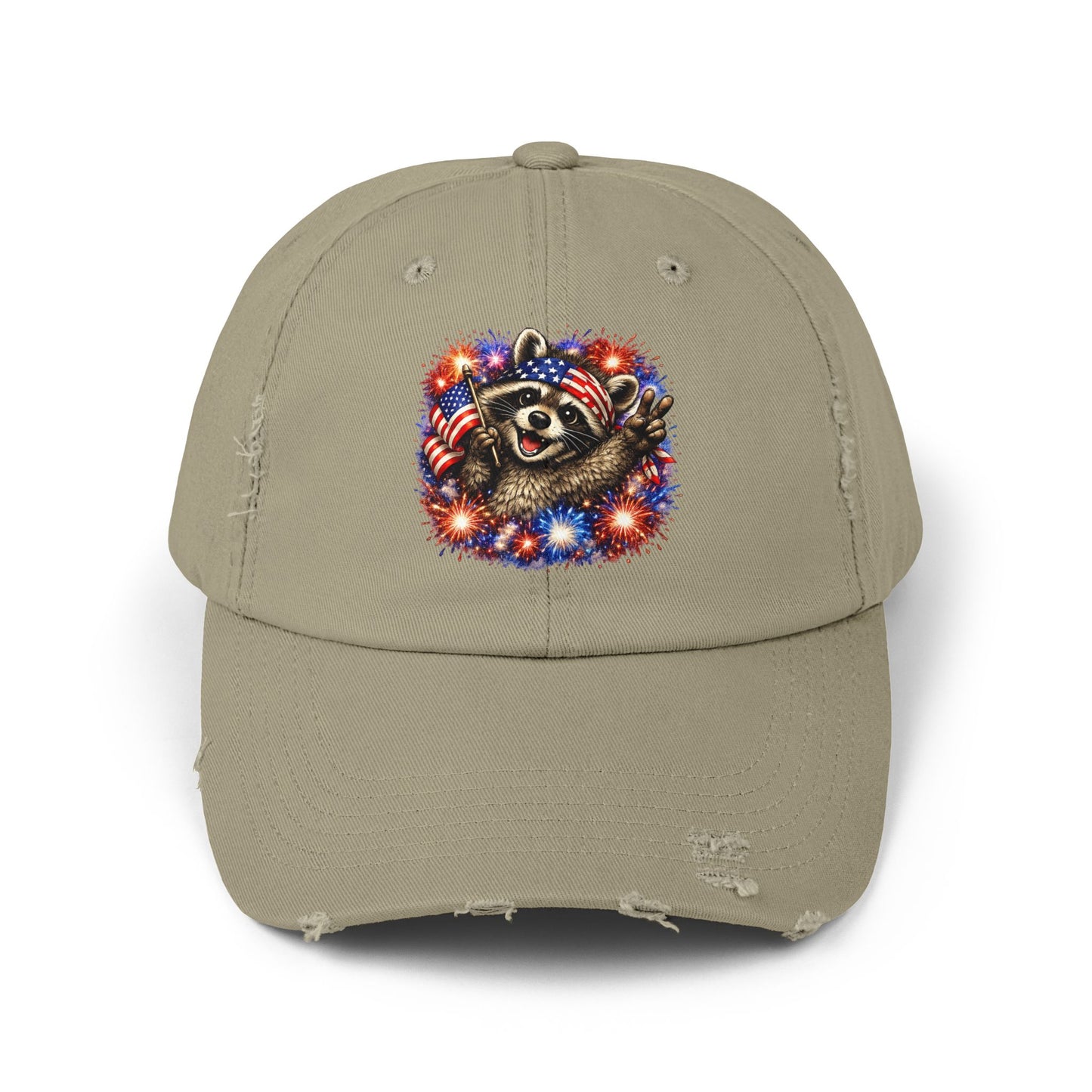 Patriotic Raccoon 250 Cap — Fireworks & Flag Distressed Baseball Hat