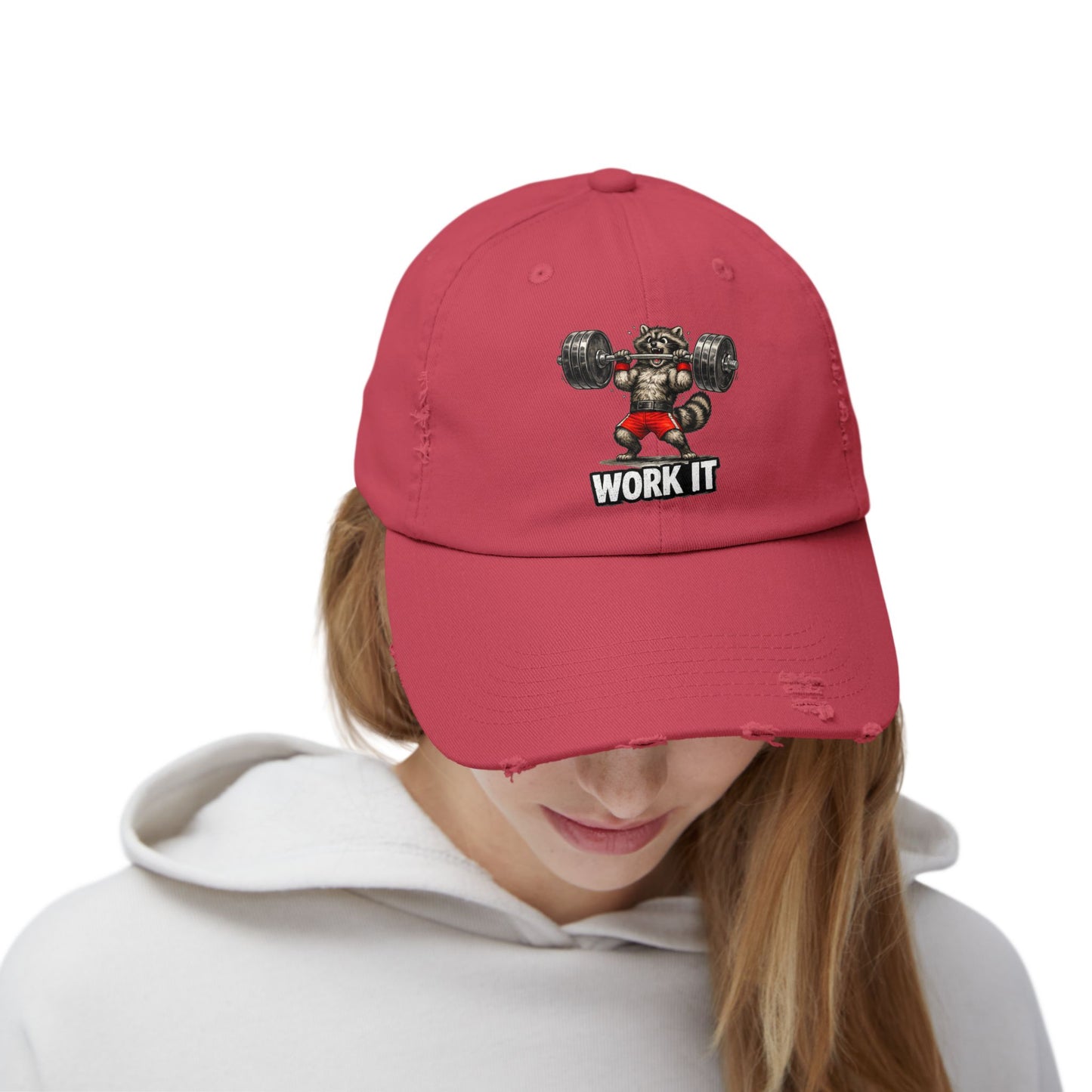 Work It Distressed Cap — Raccoon Mom/Dad Funny Dad Hat