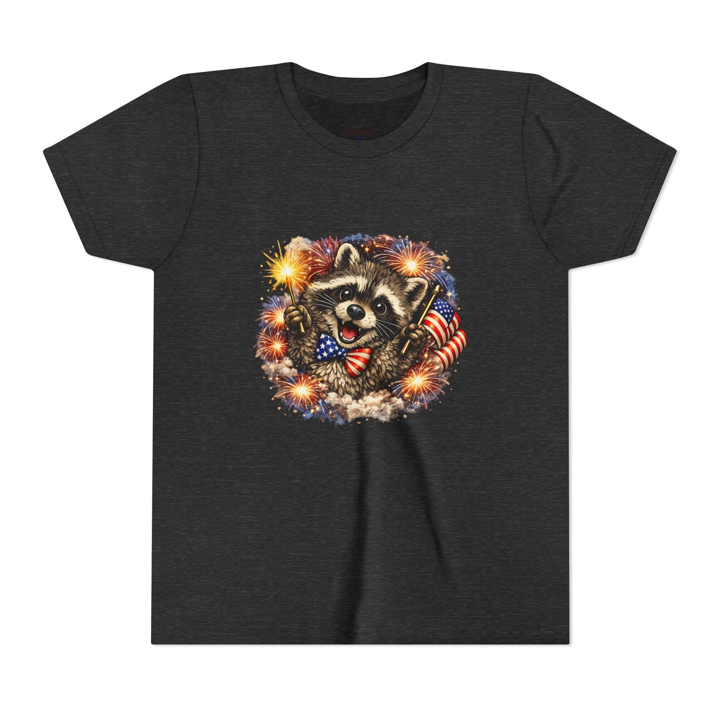 Patriotic Raccoon Youth Tee — Raccoon with American Flag & Fireworks