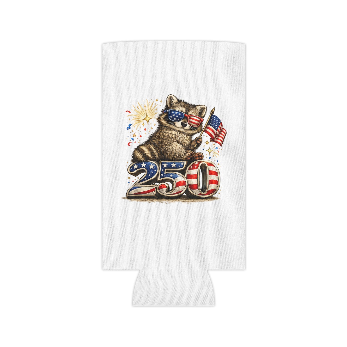 Patriotic Raccoon 250 Can Cooler – USA Flag, 4th of July Drink Koozie