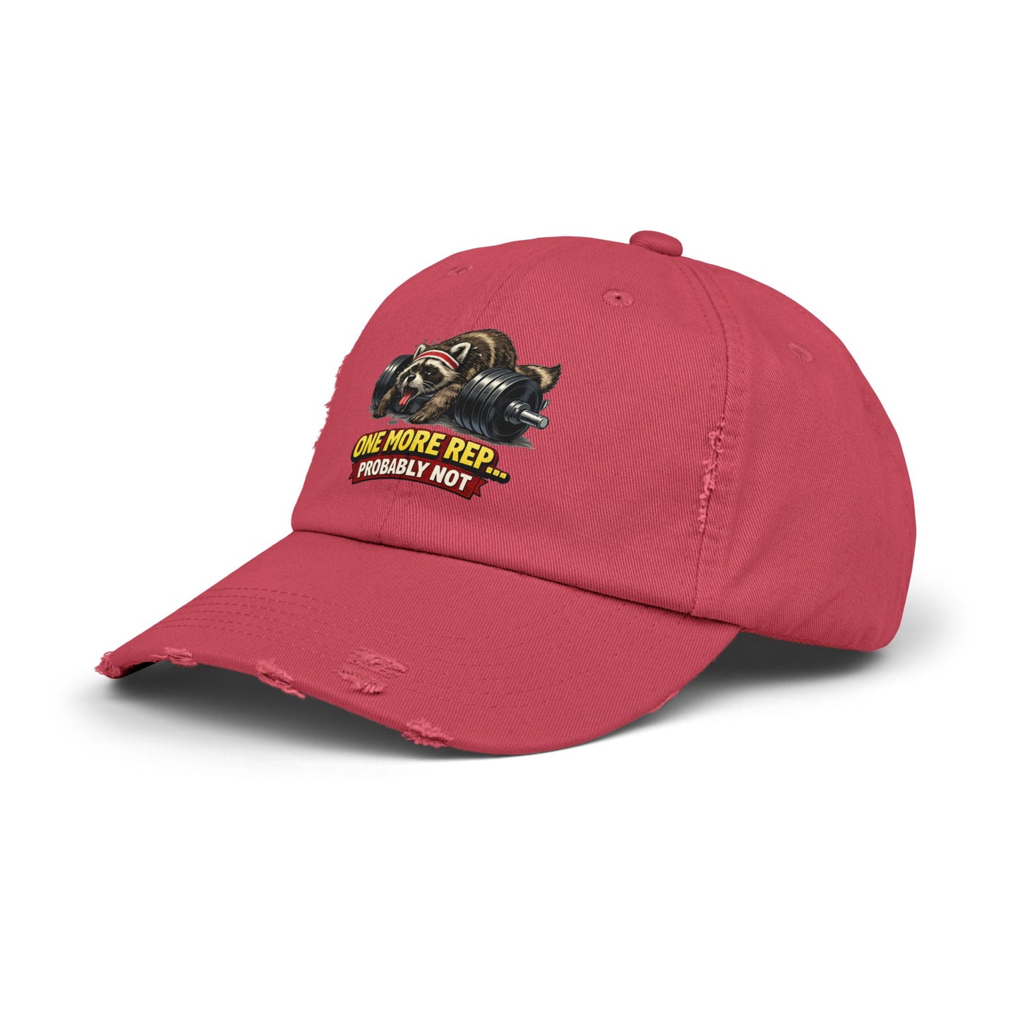 One More Rep Distressed Cap — Raccoon Mom/Dad Funny Dad Hat