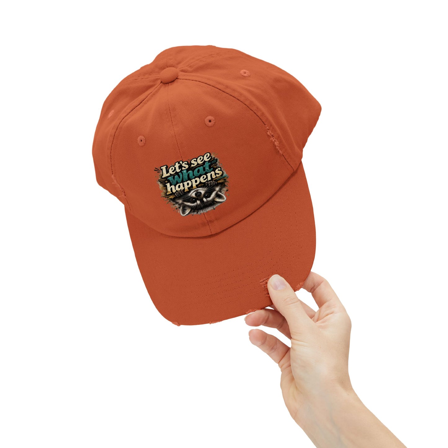 Let's See What Happens Distressed Cap — Raccoon Mom/Dad Funny Dad Hat