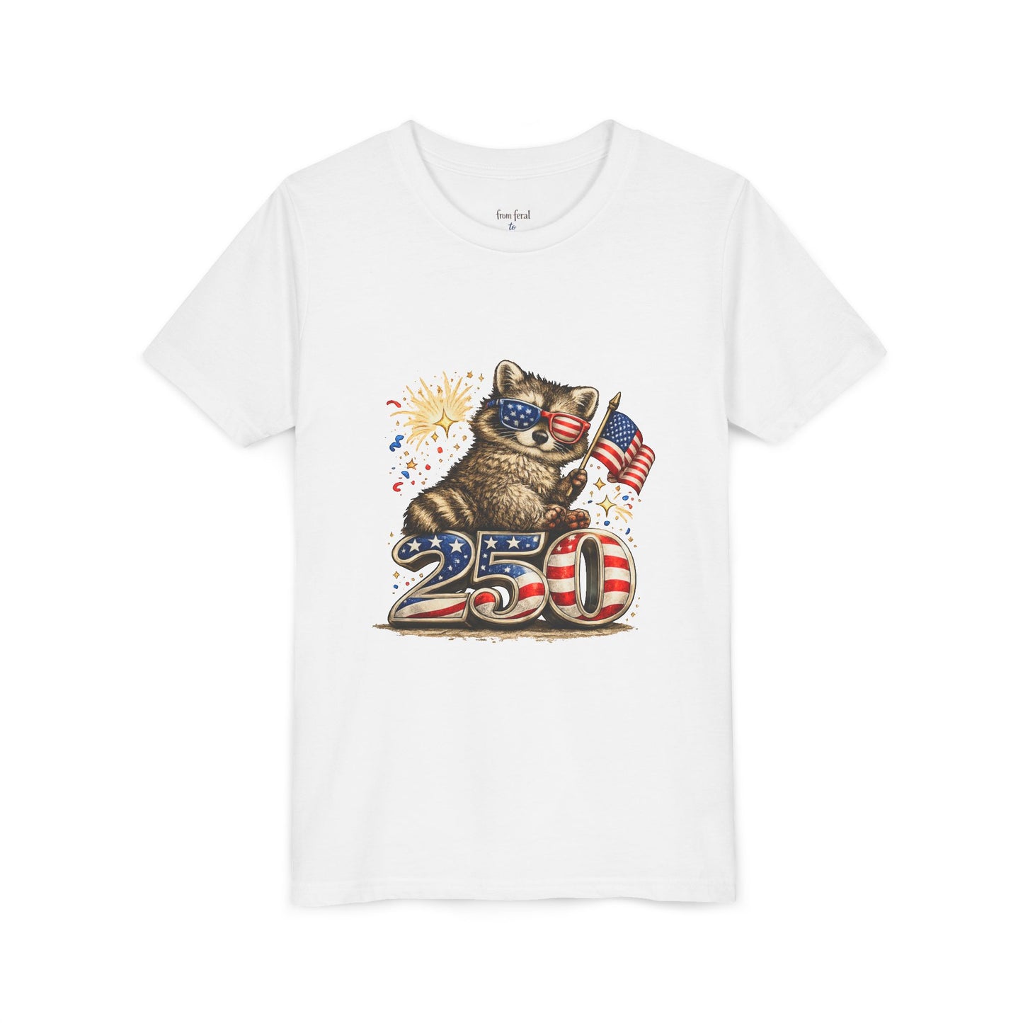 Patriotic Raccoon Youth Tee — Raccoon with American Flag & Fireworks