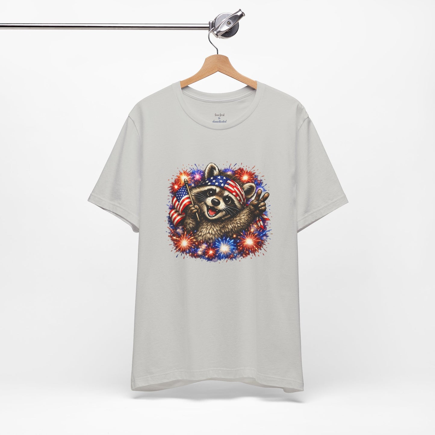 Patriot Raccoon 250th Anniversary T-Shirt — 4th of July Fireworks Flag Tee