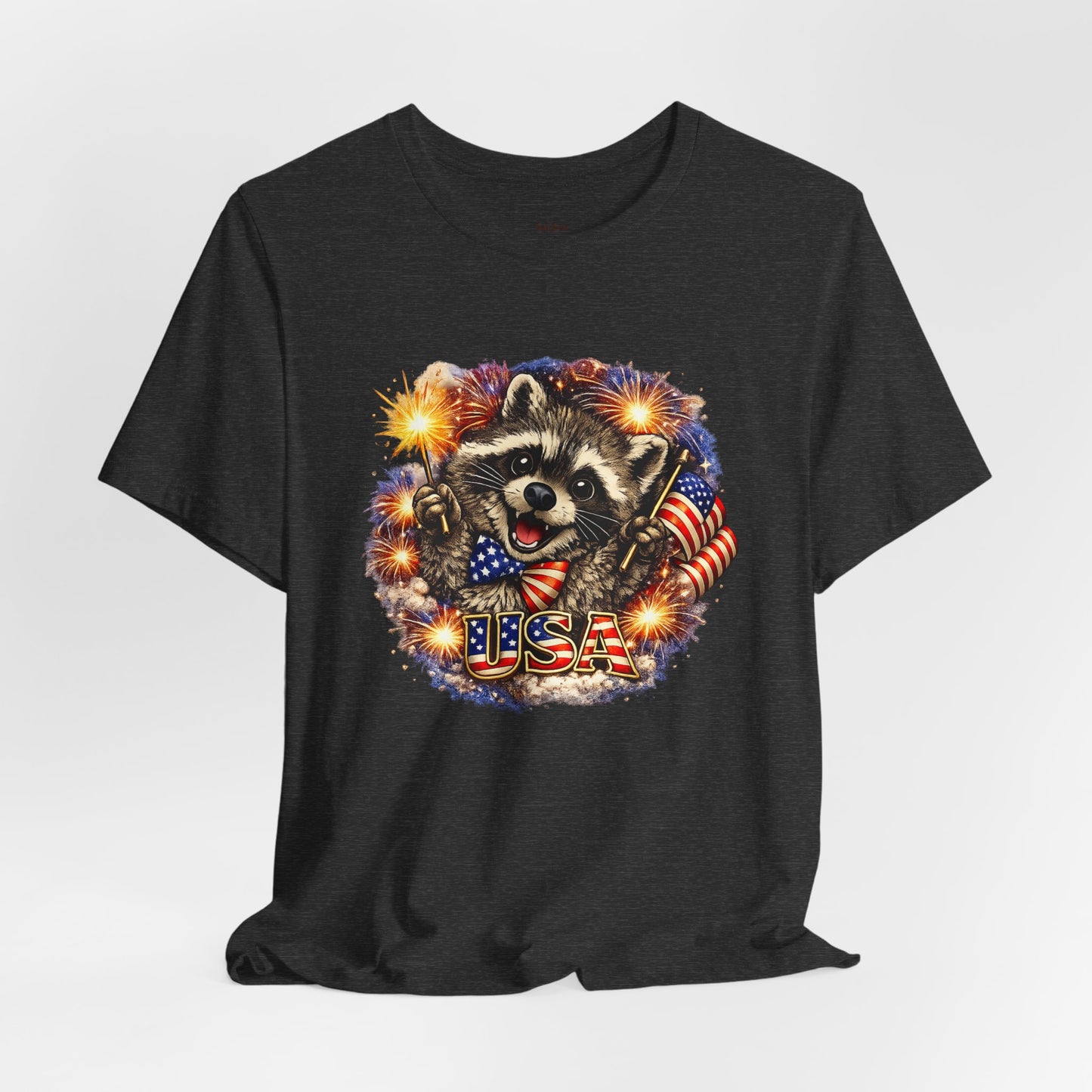 Patriot Raccoon 250th Anniversary T-Shirt — 4th of July Fireworks Flag Tee