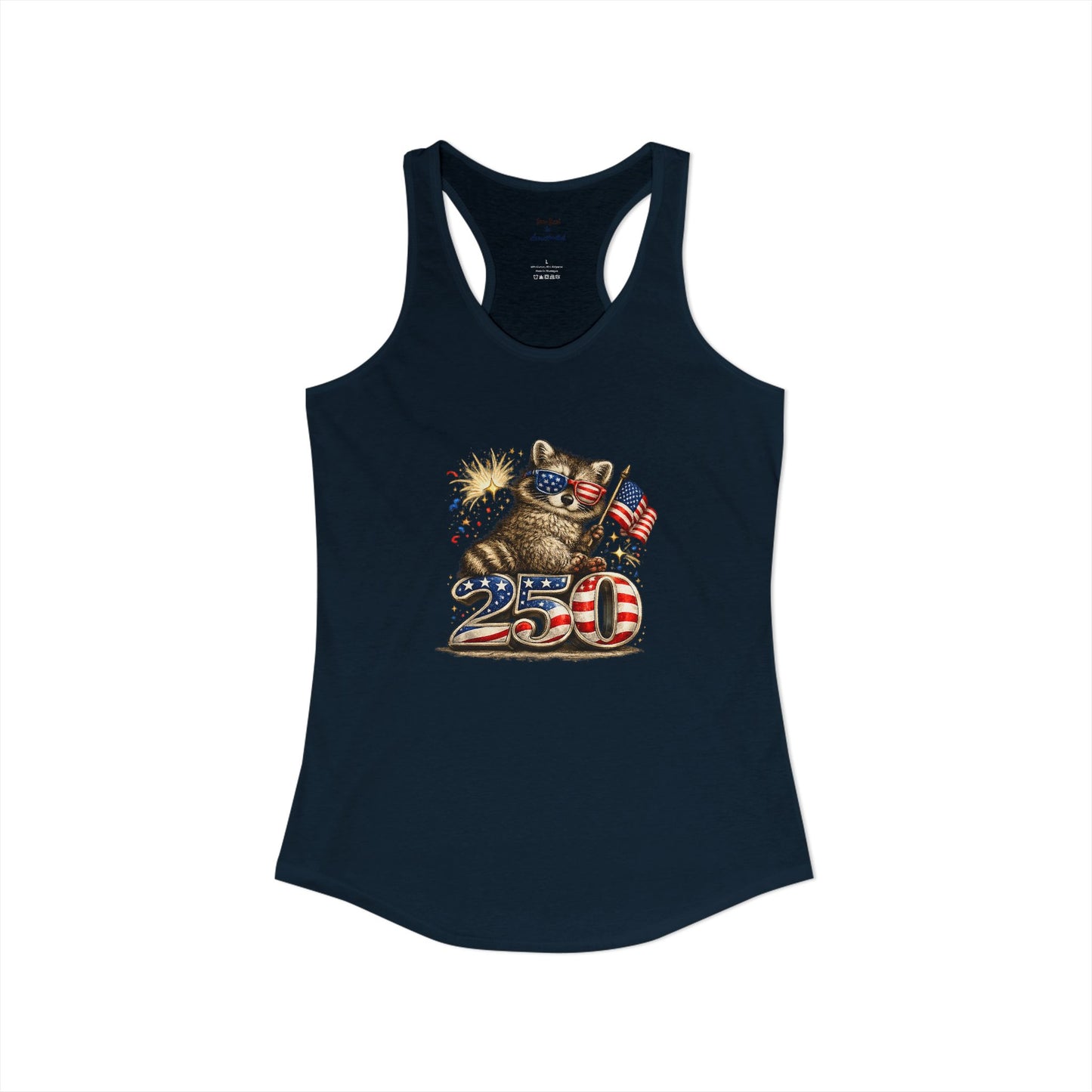 Patriotic Raccoon 4th of July Tank — Raccoon on 250 with Flag & Fireworks Racerback Tank