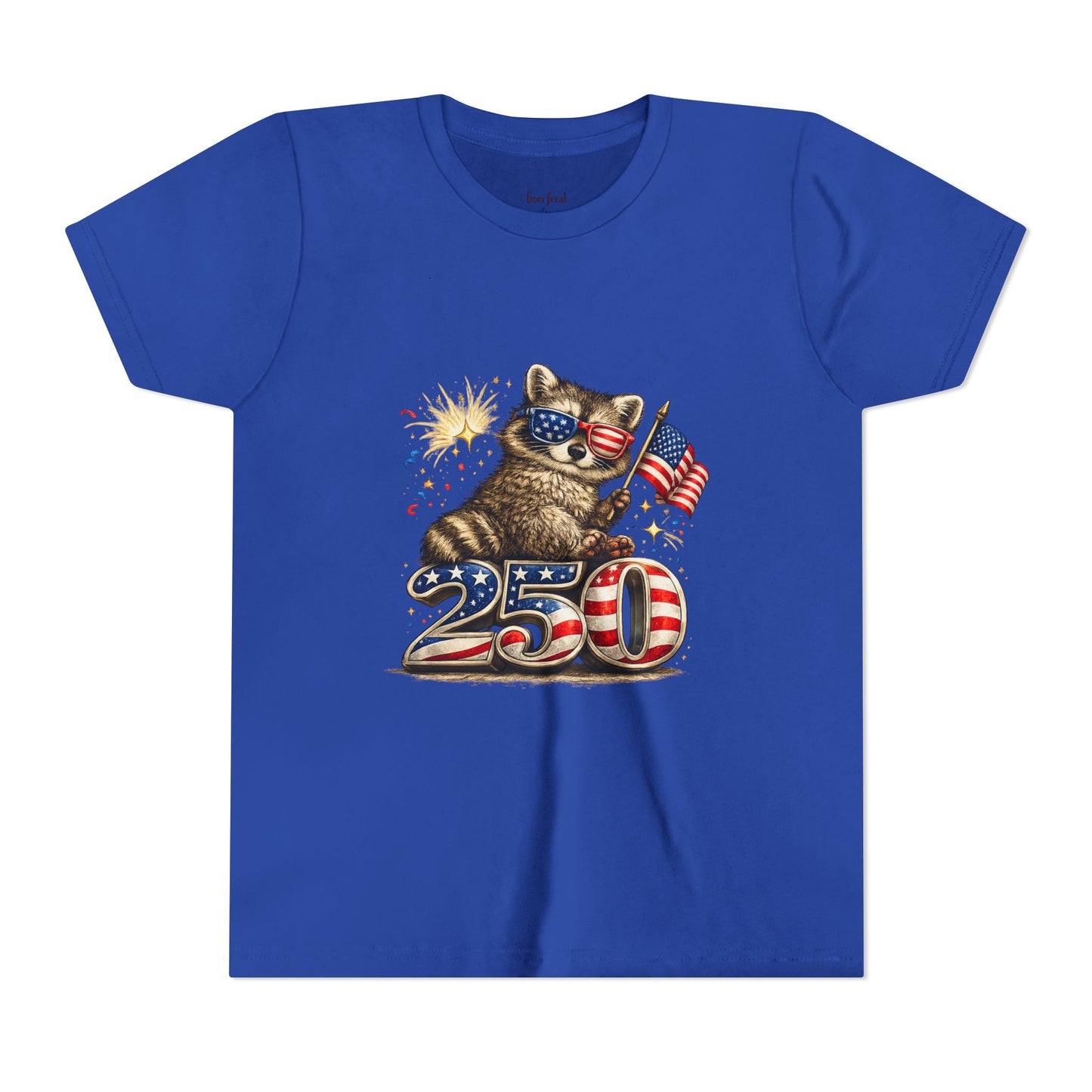 Patriotic Raccoon Youth Tee — Raccoon with American Flag & Fireworks