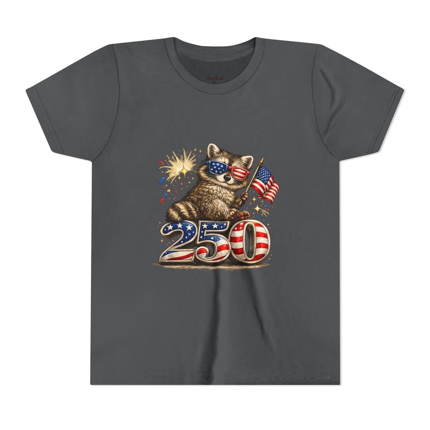 Patriotic Raccoon Youth Tee — Raccoon with American Flag & Fireworks