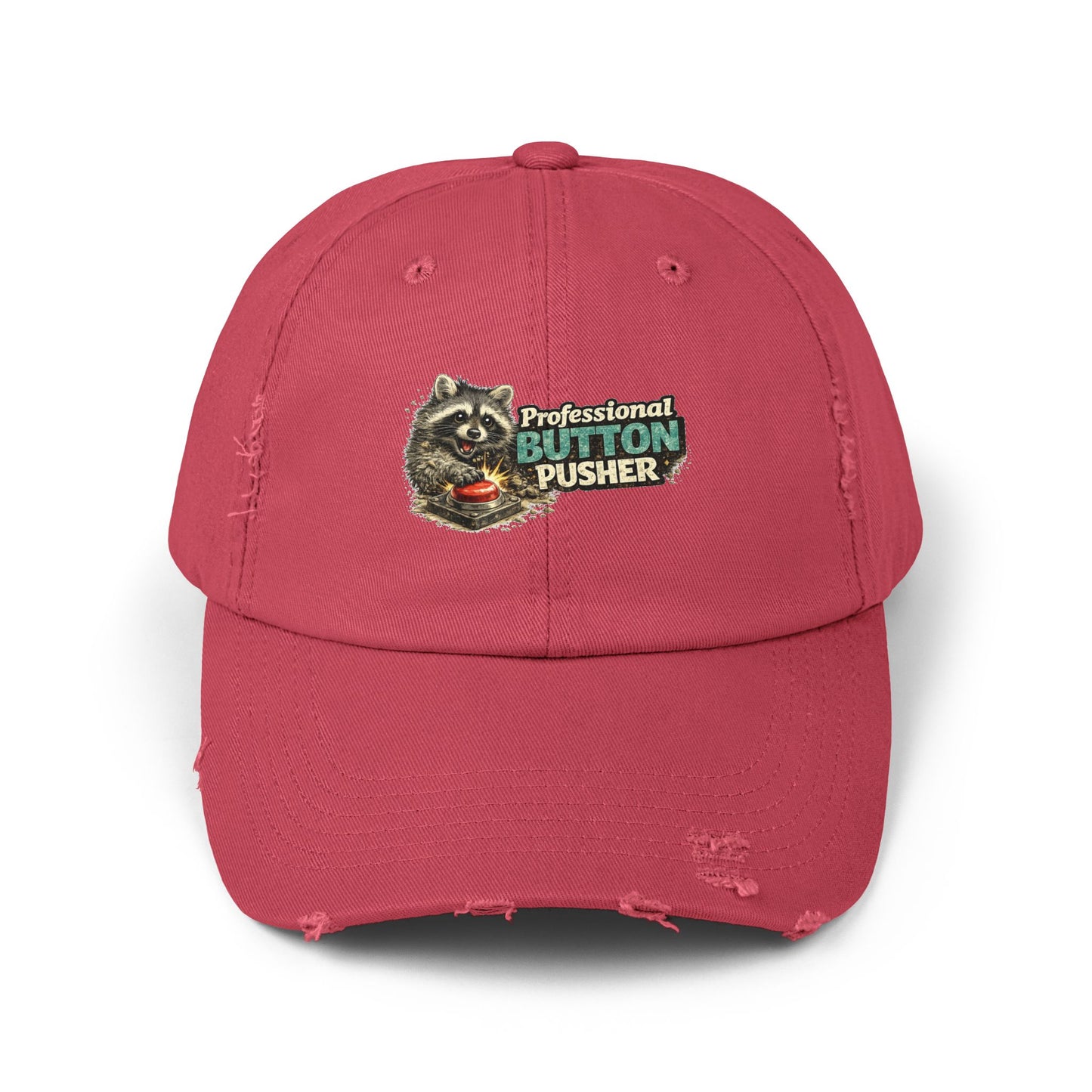 Button Pusher Distressed Cap — Raccoon Mom/Dad Funny Dad Hat