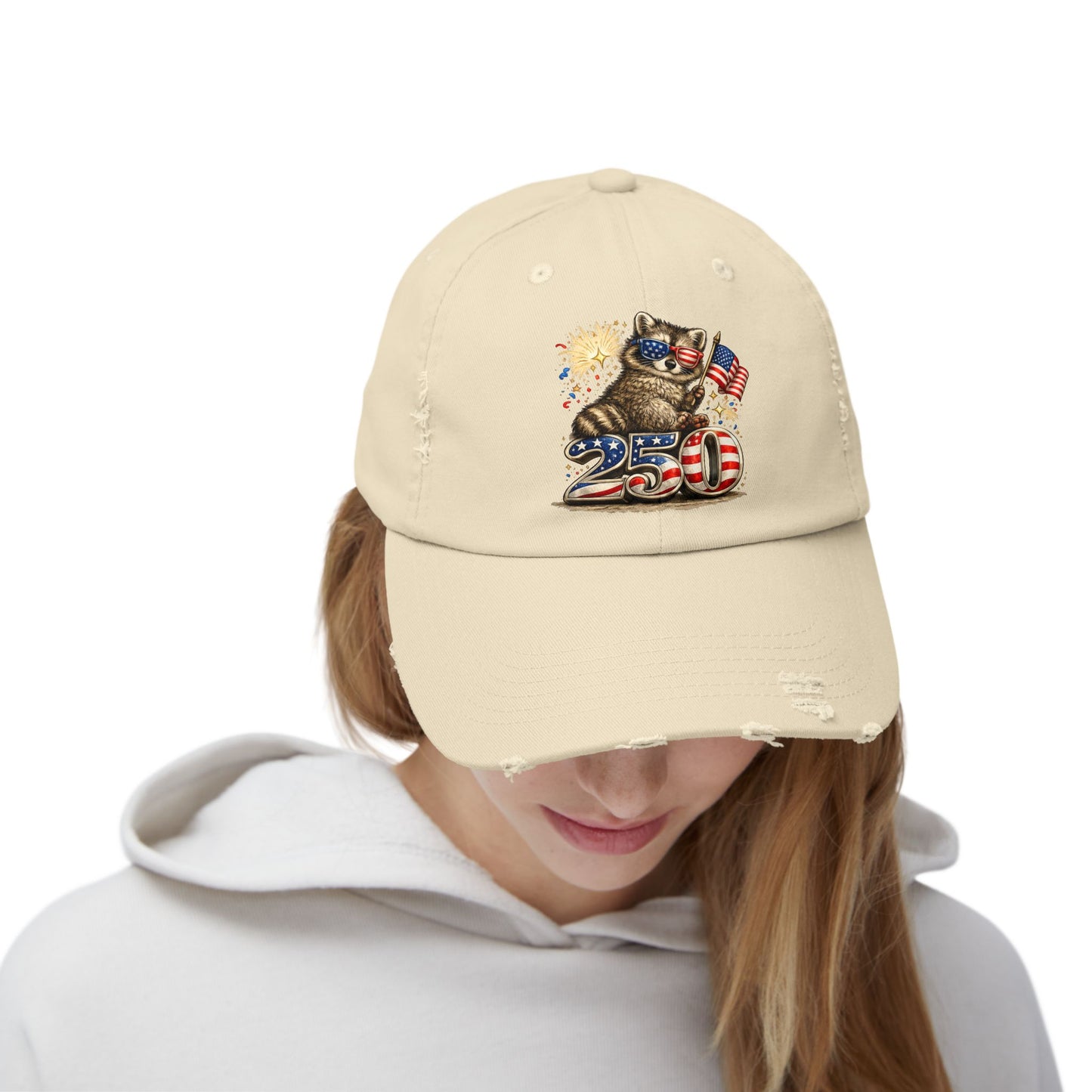 Patriotic Raccoon 250 Cap — Fireworks & Flag Distressed Baseball Hat