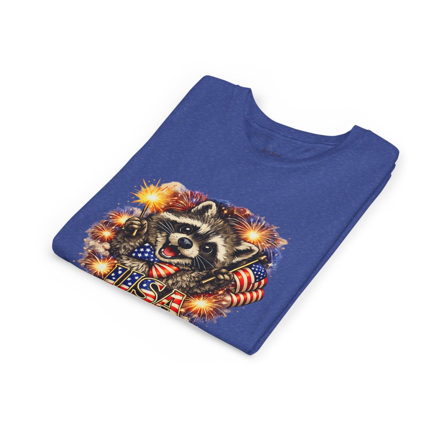 Patriotic Raccoon Youth Tee — Raccoon with American Flag & Fireworks