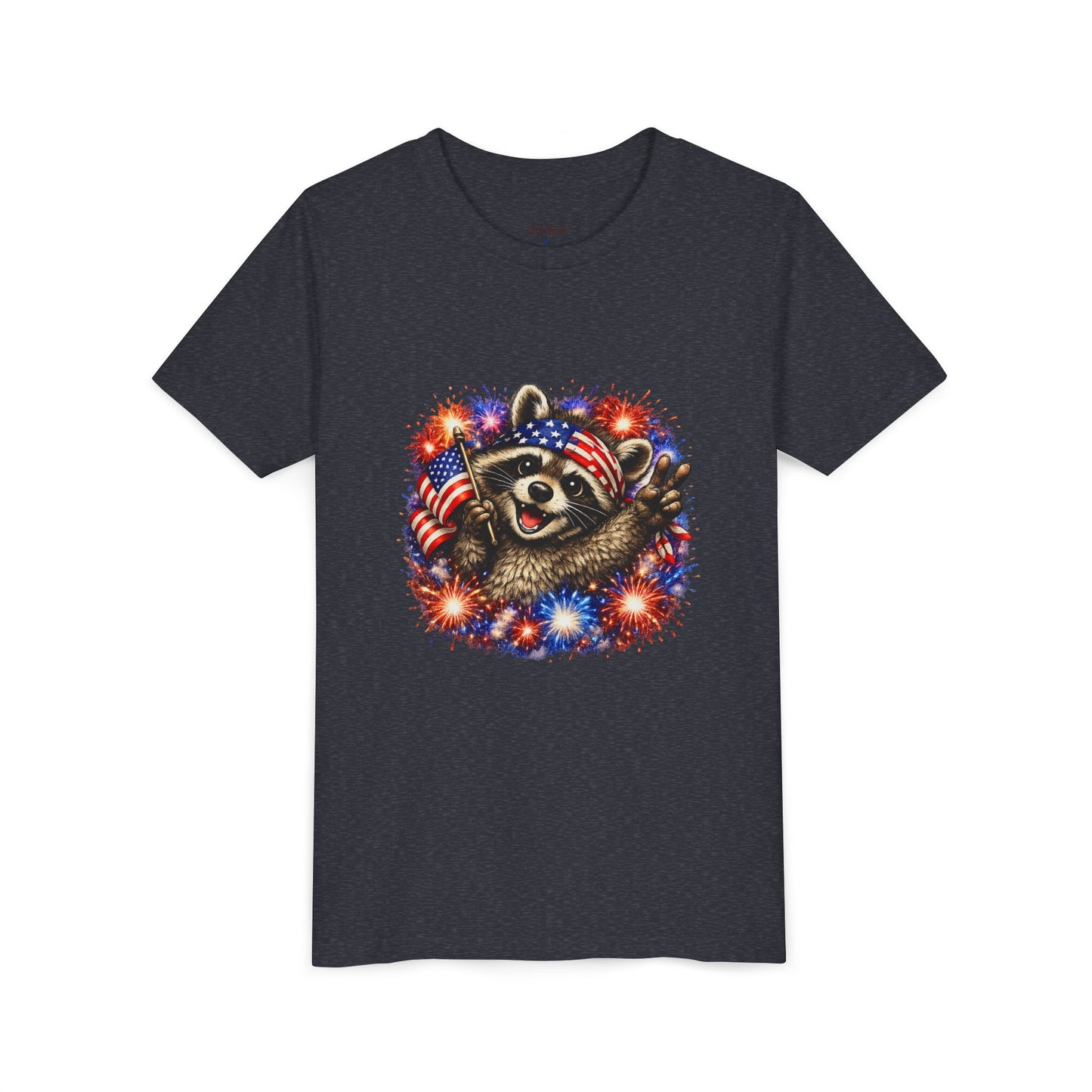 Patriotic Raccoon Youth Tee — Raccoon with American Flag & Fireworks