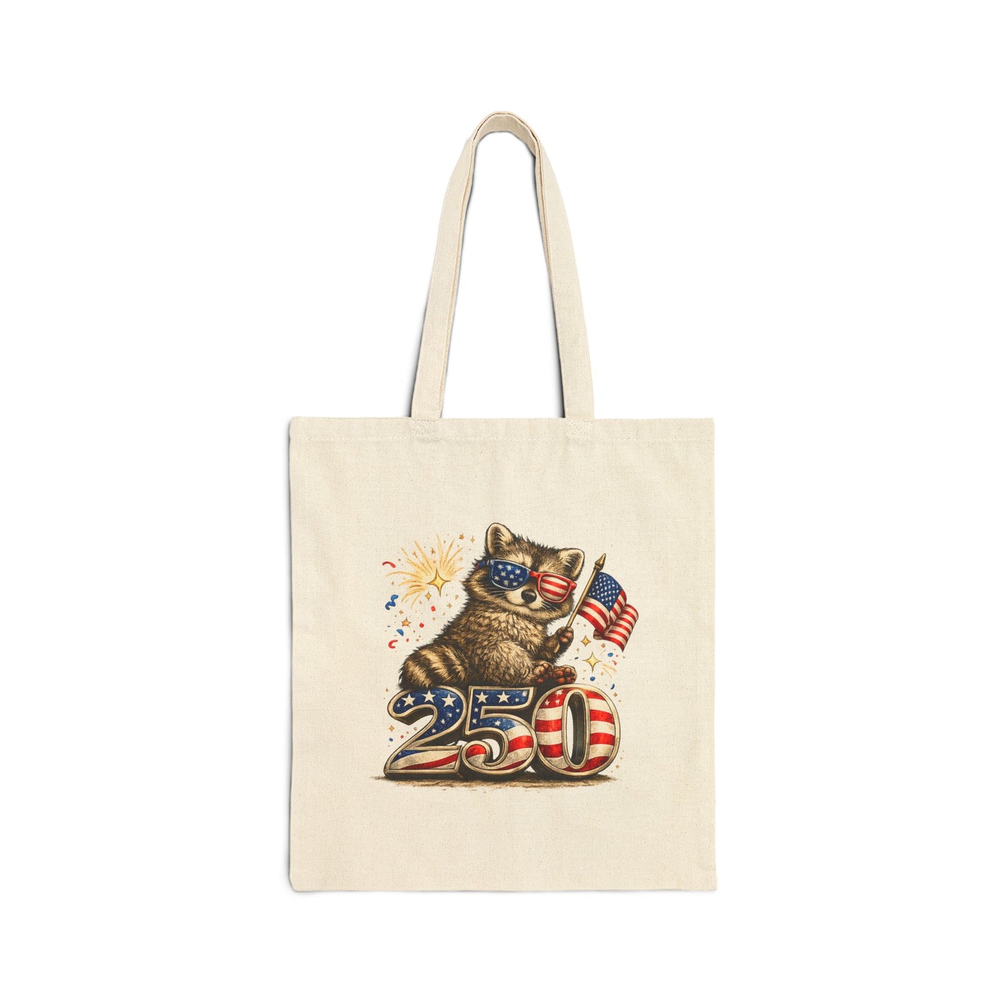 Patriotic Raccoon Fireworks Tote Bag — '250' Canvas Tote for Fourth of July