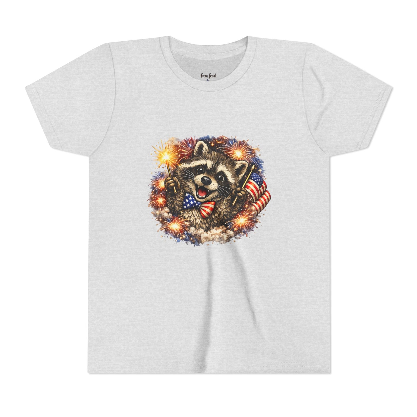 Patriotic Raccoon Youth Tee — Raccoon with American Flag & Fireworks