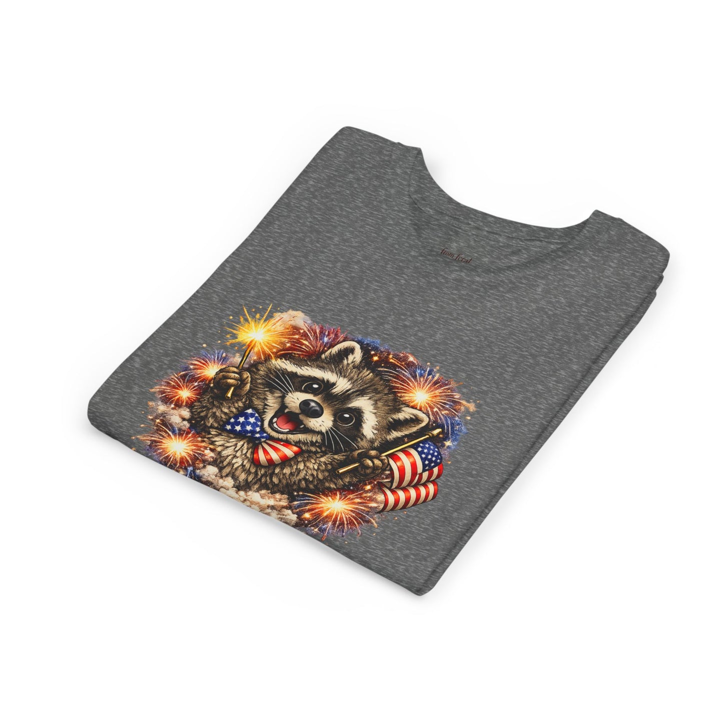 Patriotic Raccoon Youth Tee — Raccoon with American Flag & Fireworks