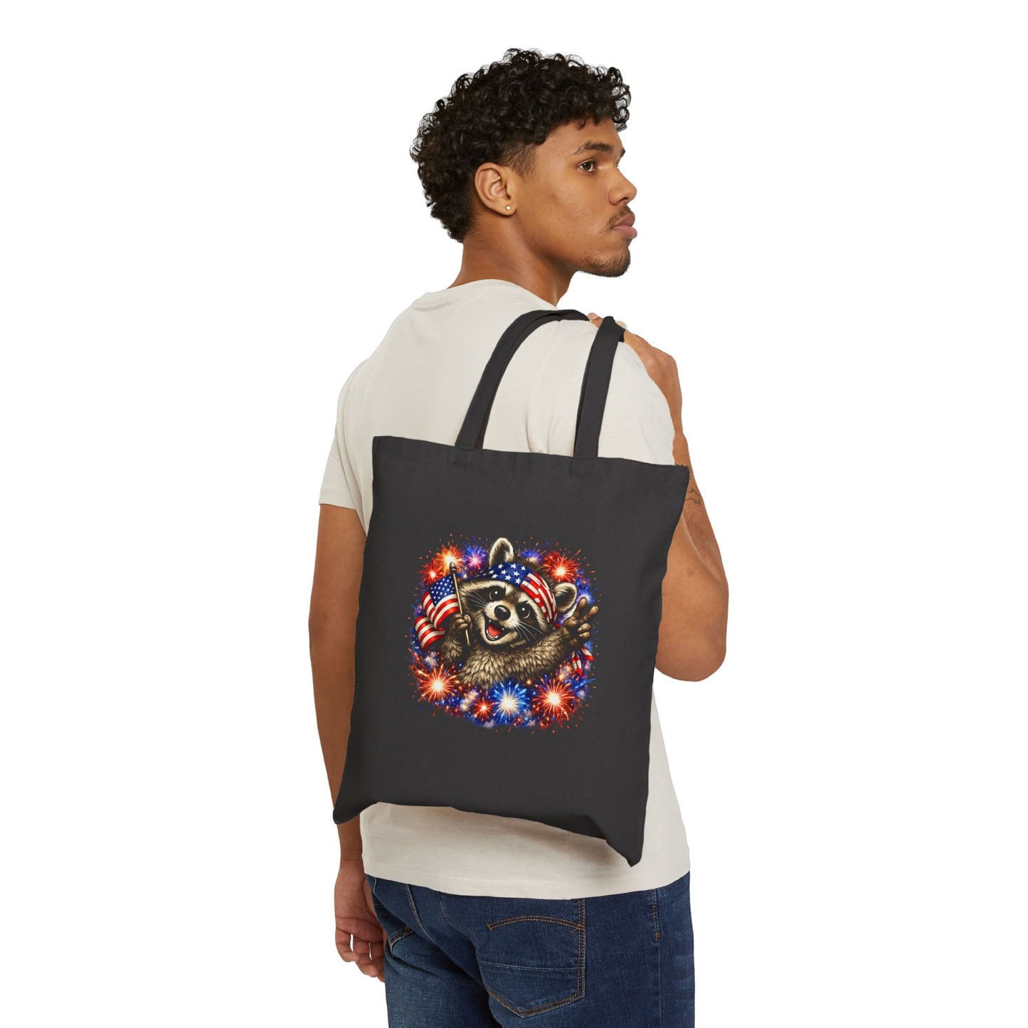 Patriotic Raccoon Fireworks Tote Bag — '250' Canvas Tote for Fourth of July