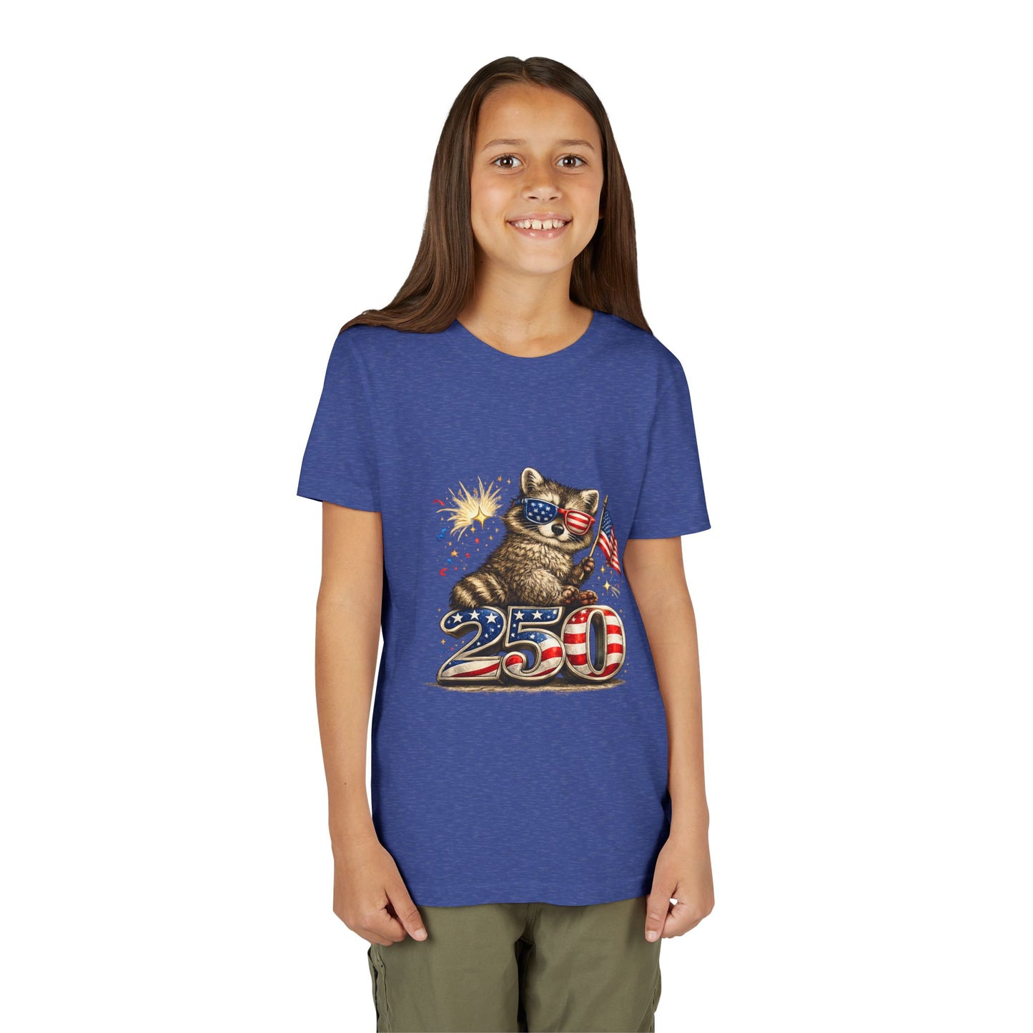 Patriotic Raccoon Youth Tee — Raccoon with American Flag & Fireworks