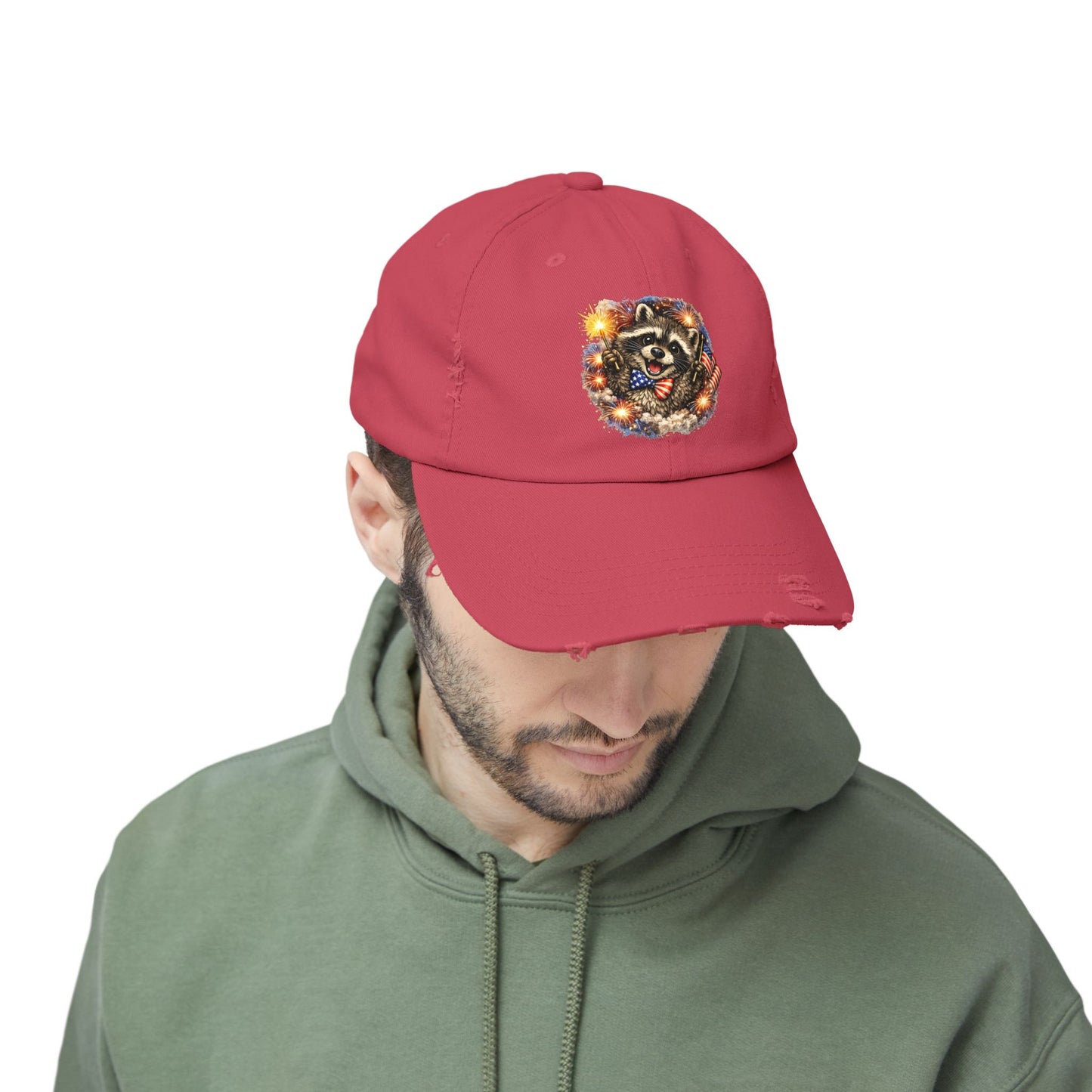 Patriotic Raccoon 250 Cap — Fireworks & Flag Distressed Baseball Hat