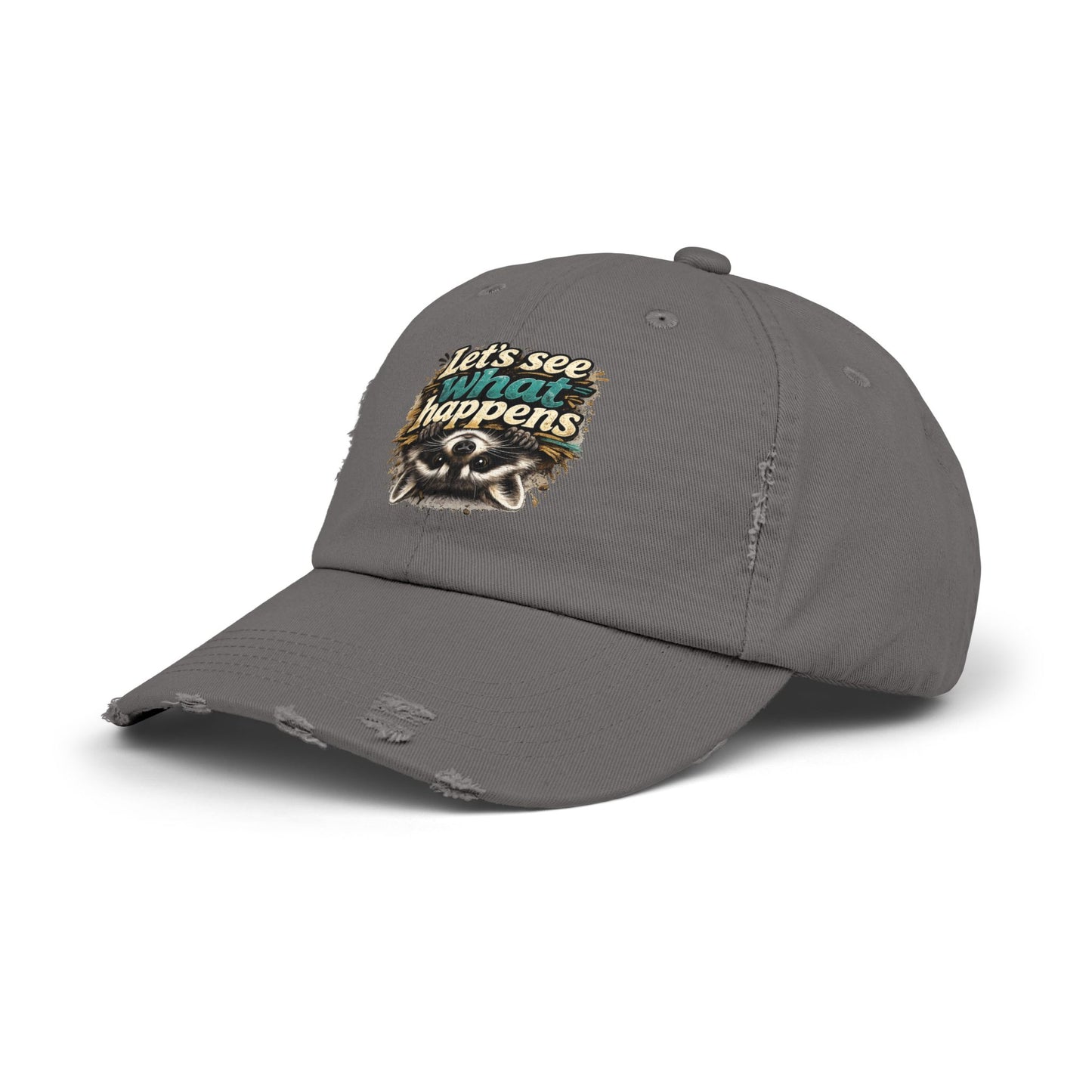 Let's See What Happens Distressed Cap — Raccoon Mom/Dad Funny Dad Hat