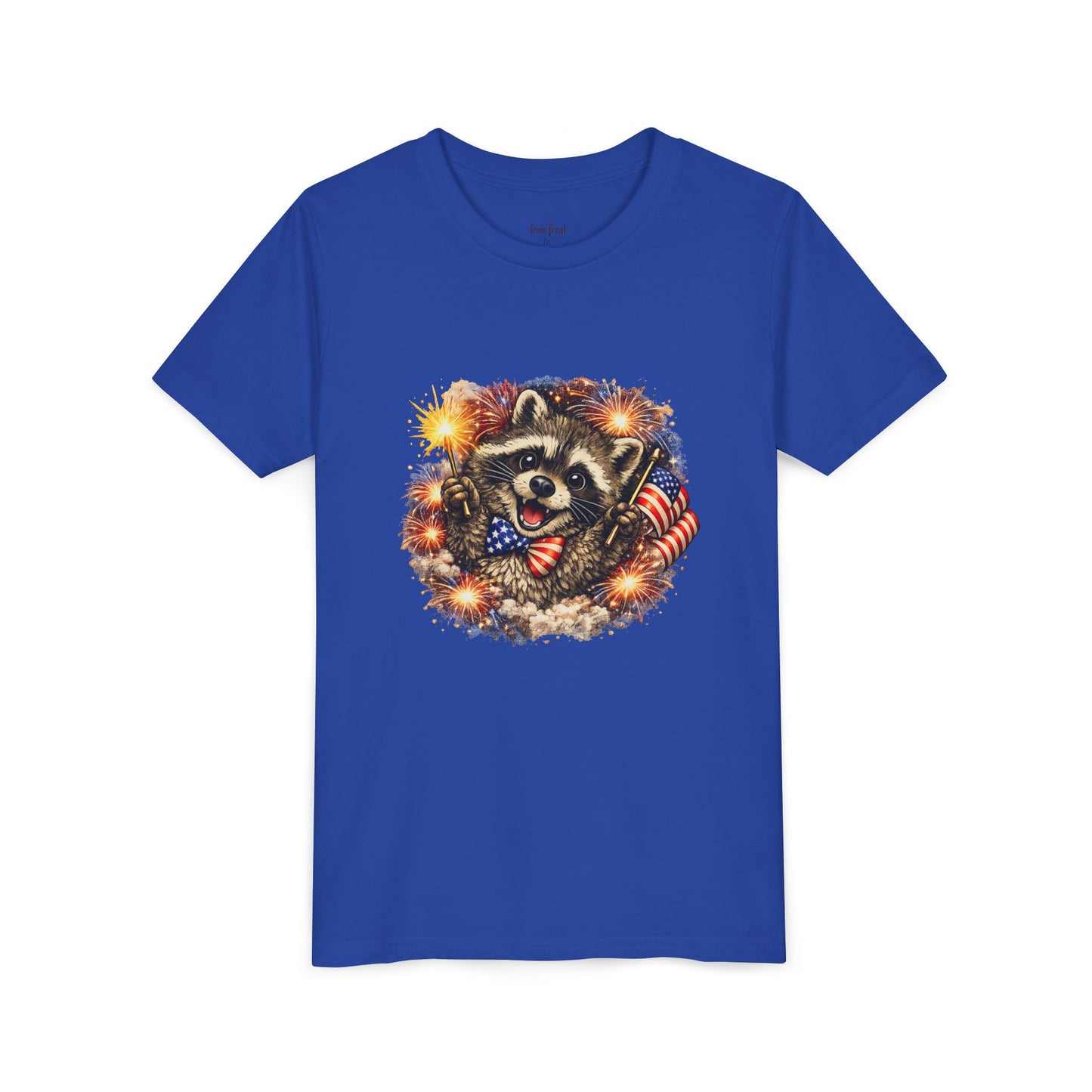 Patriotic Raccoon Youth Tee — Raccoon with American Flag & Fireworks