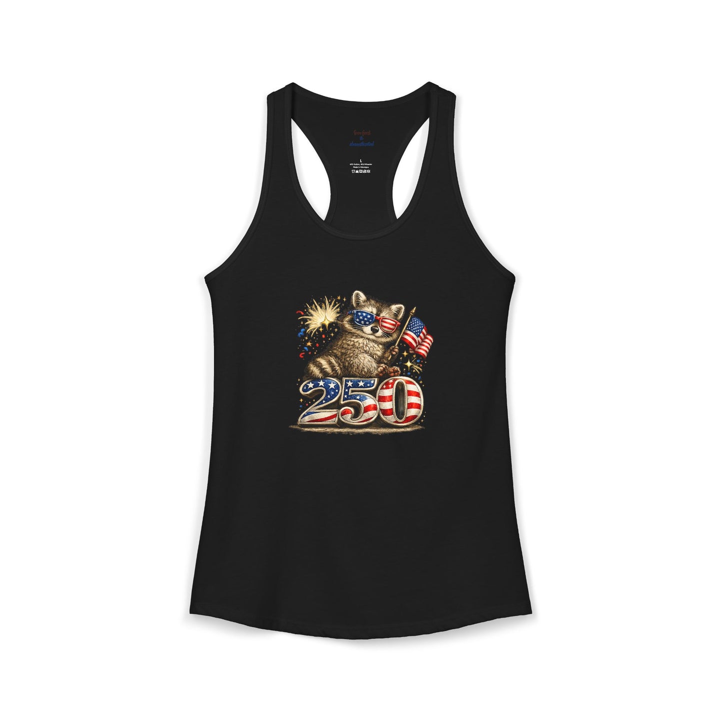 Patriotic Raccoon 4th of July Tank — Raccoon on 250 with Flag & Fireworks Racerback Tank