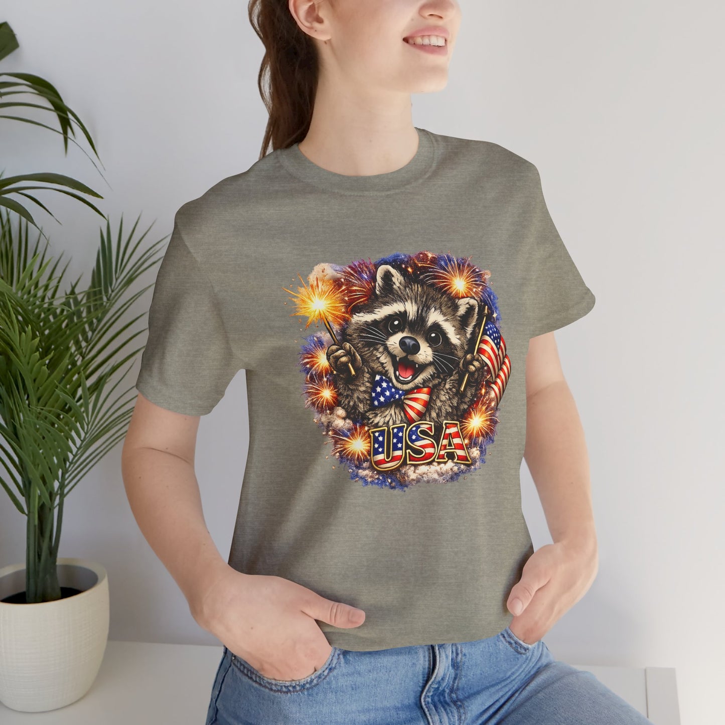 Patriot Raccoon 250th Anniversary T-Shirt — 4th of July Fireworks Flag Tee