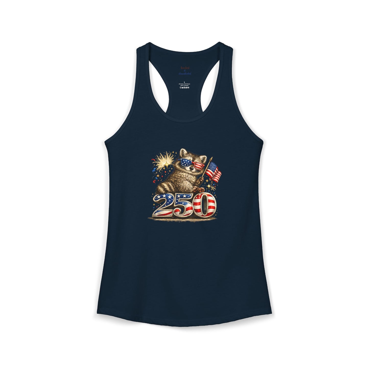 Patriotic Raccoon 4th of July Tank — Raccoon on 250 with Flag & Fireworks Racerback Tank