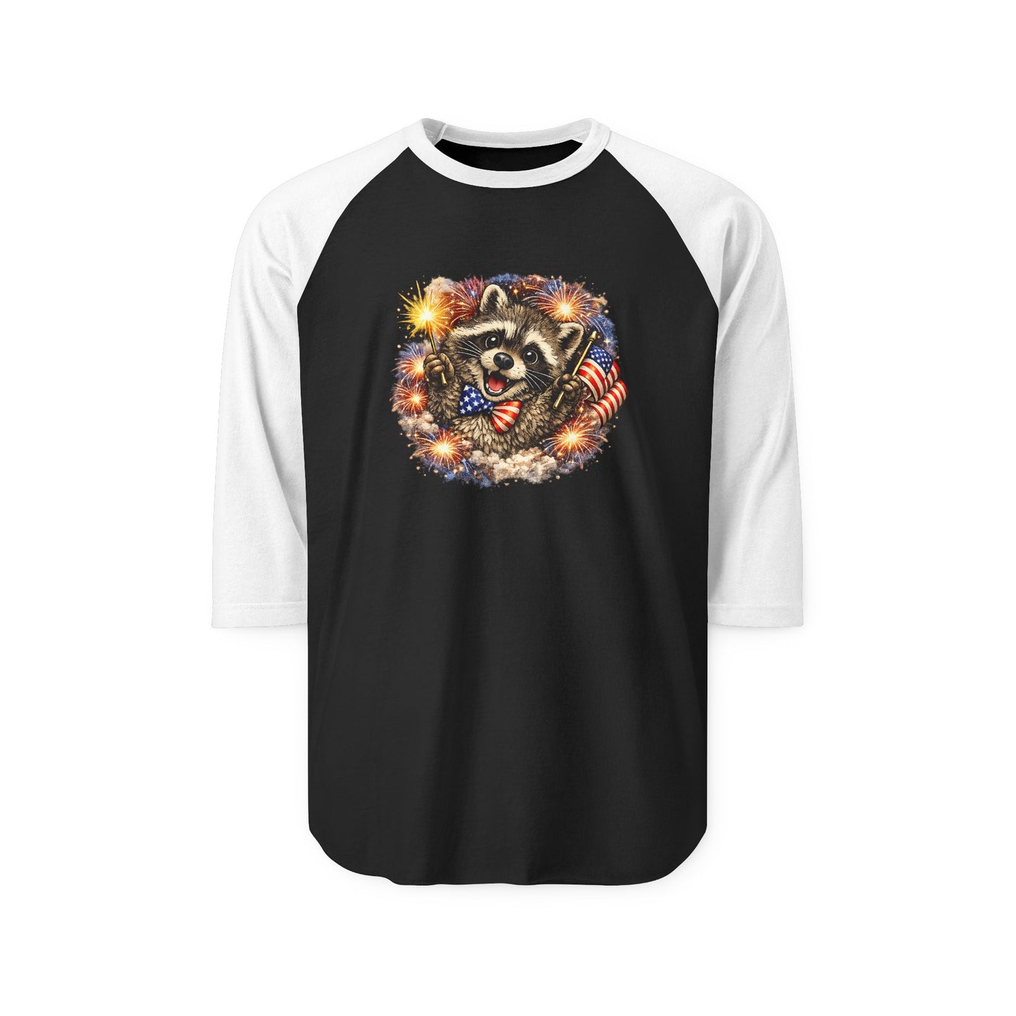 Patriotic Raccoon 250 Raglan Shirt — Fourth of July Fireworks Tee