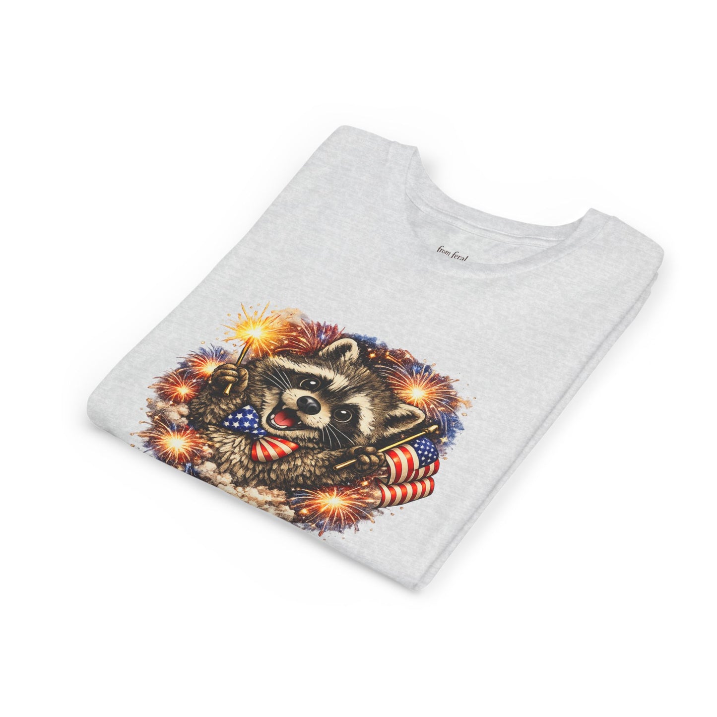 Patriotic Raccoon Youth Tee — Raccoon with American Flag & Fireworks