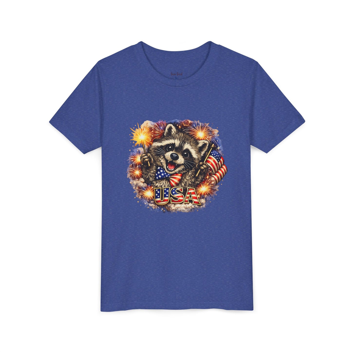 Patriotic Raccoon Youth Tee — Raccoon with American Flag & Fireworks