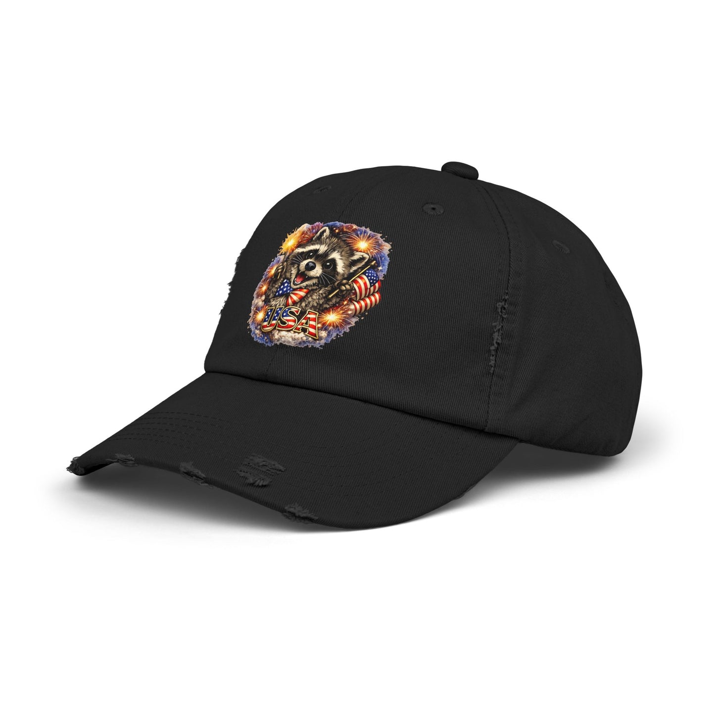 Patriotic Raccoon 250 Cap — Fireworks & Flag Distressed Baseball Hat