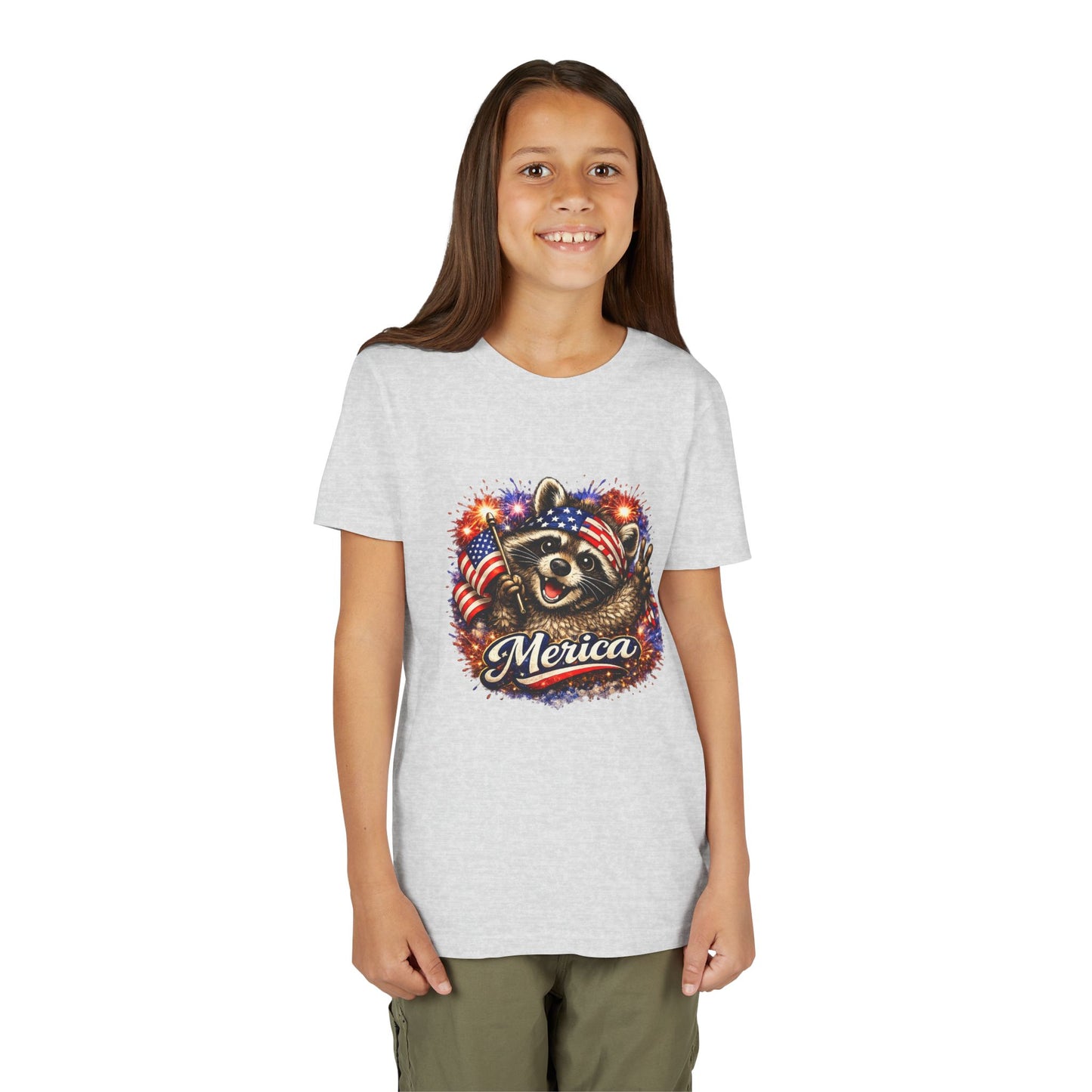Patriotic Raccoon Youth Tee — Raccoon with American Flag & Fireworks