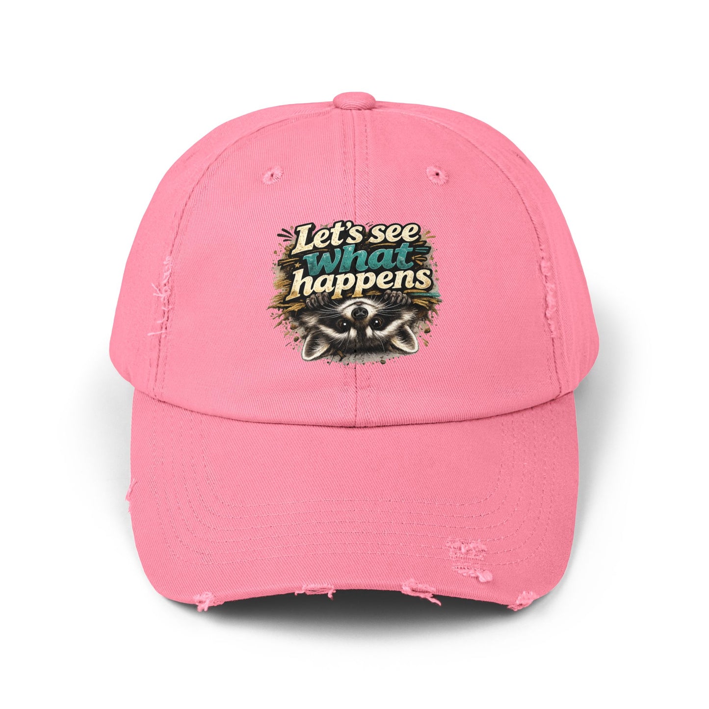 Let's See What Happens Distressed Cap — Raccoon Mom/Dad Funny Dad Hat
