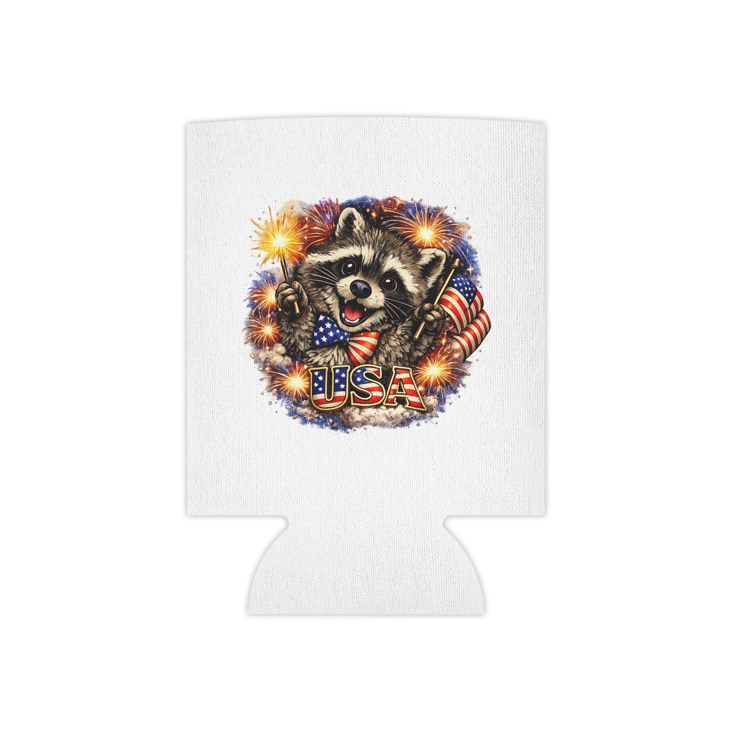 Patriotic Raccoon 250 Can Cooler – USA Flag, 4th of July Drink Koozie