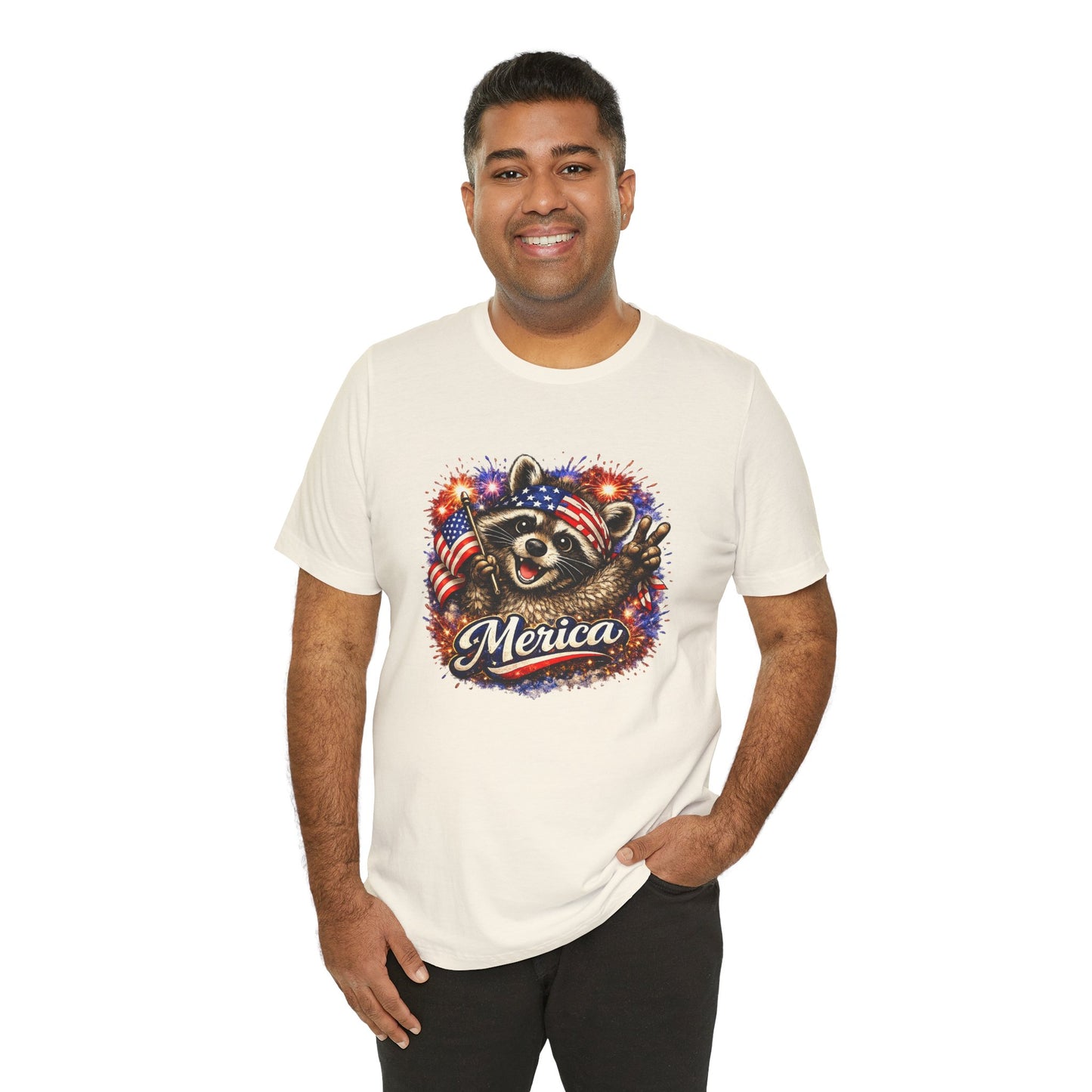 Patriot Raccoon 250th Anniversary T-Shirt — 4th of July Fireworks Flag Tee