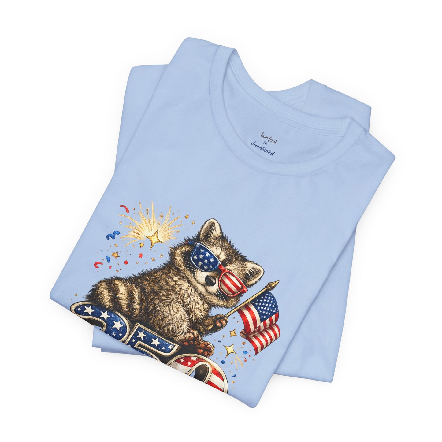 Patriot Raccoon 250th Anniversary T-Shirt — 4th of July Fireworks Flag Tee